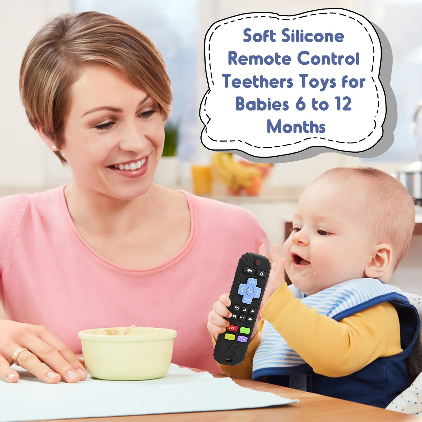 Zahnen Beißringe Spielzeug für Babys 0-6-12 Monate Geschenke, Fernbedienung Baby Zahnungshilfe für 3 6 9 Monate Kleinkind Autismus, Lebensmittelqualität Silikon Badespielzeug, Schwarz