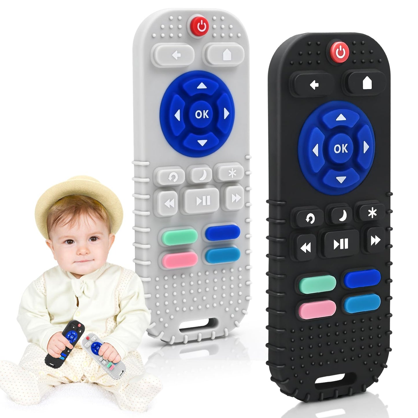 Zahnen Beißringe Spielzeug für Babys 0-6-12 Monate Geschenke, Fernbedienung Baby Zahnungshilfe für 3 6 9 Monate Kleinkind Autismus, Lebensmittelqualität Silikon Badespielzeug, Schwarz