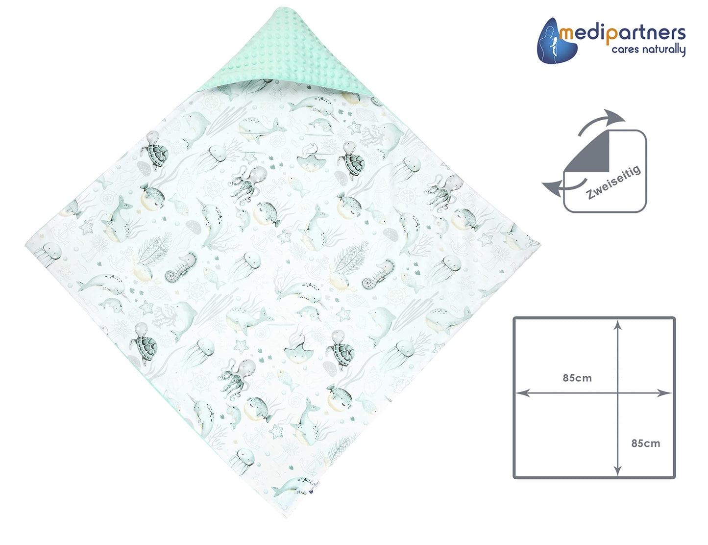 Medi Partners Einschlagdecke Baby Babyschale 100% Baumwolle für Sommer 85x85cm Kinderwagen Kuscheldecke universal Baby Decke Einschlagdecken Babydecke Buggy Autositz (weiße Sterne mit grauen Minky