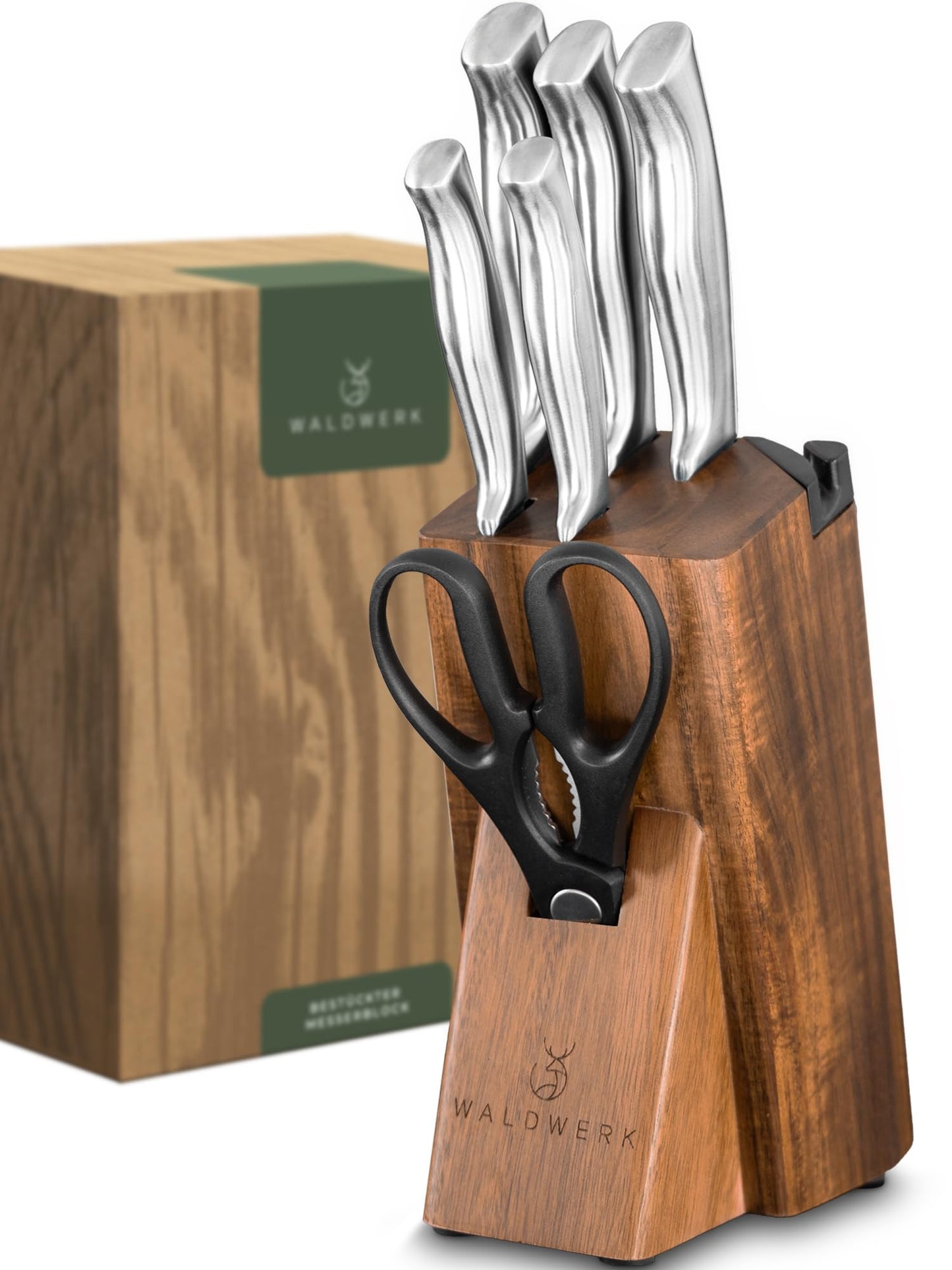 WALDWERK Küchenhelfer Set aus Teakholz - 4 teiliges Kochlöffel Set mit Pfannenwender, Holzlöffel, Nudelschöpfer und Halterung - Kochlöffel Holz - Pfannenwender Holz - Kochutensilien Set