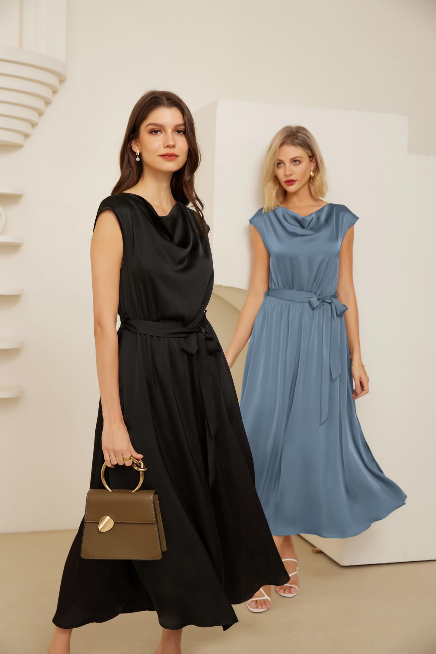 GRACE KARIN Elegantes Damenkleid mit Schalkragen Schmetterlingsärmeln Glatter Sommerstoff für Einen Schicken Abend