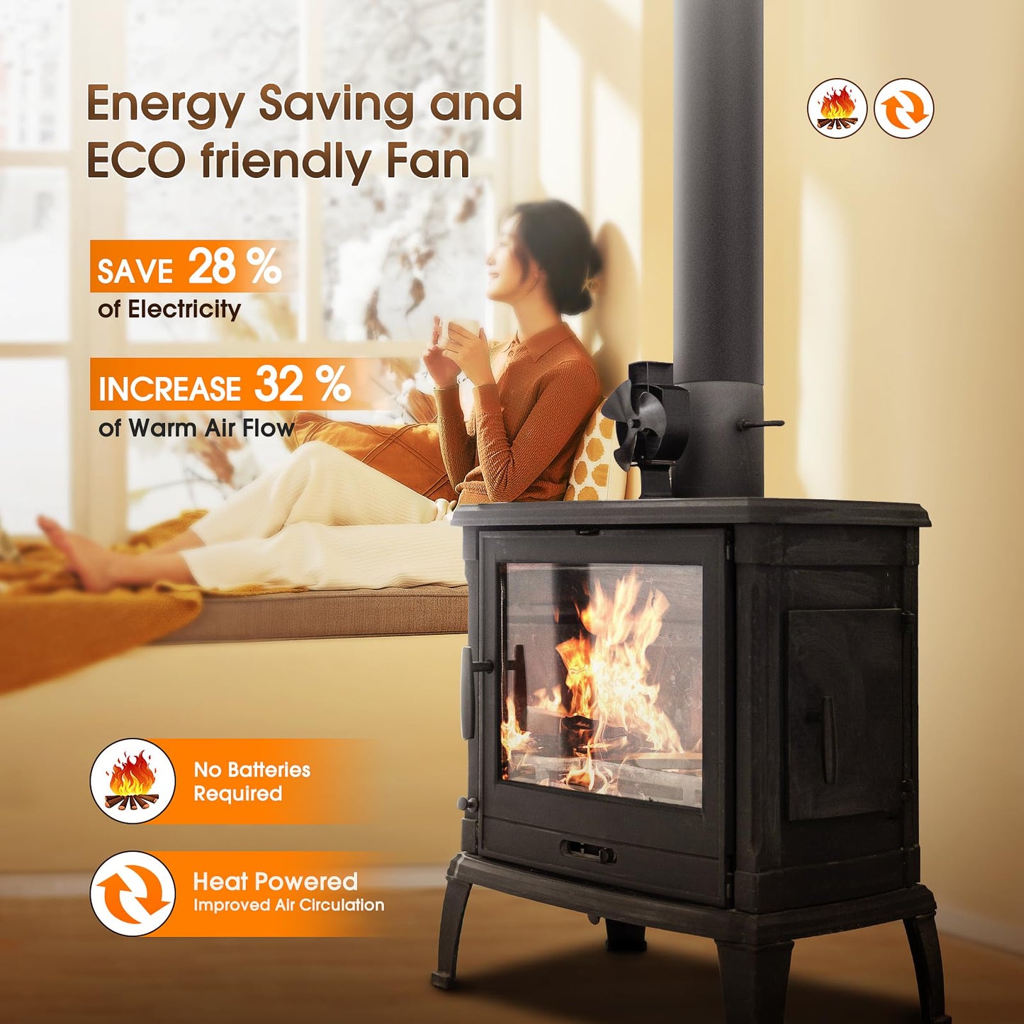 Kaminventilator Magnetisch, Leiser Kamin Ventilator Ofenventilator Ohne Strom, KaminlĂŒfter fĂŒr Holz/Brennholz/Feuerstelle/Ofenrohr, Stove Fan for Fireplace, mit 2pcs Magnete &1pcs Ersatzteil Ring