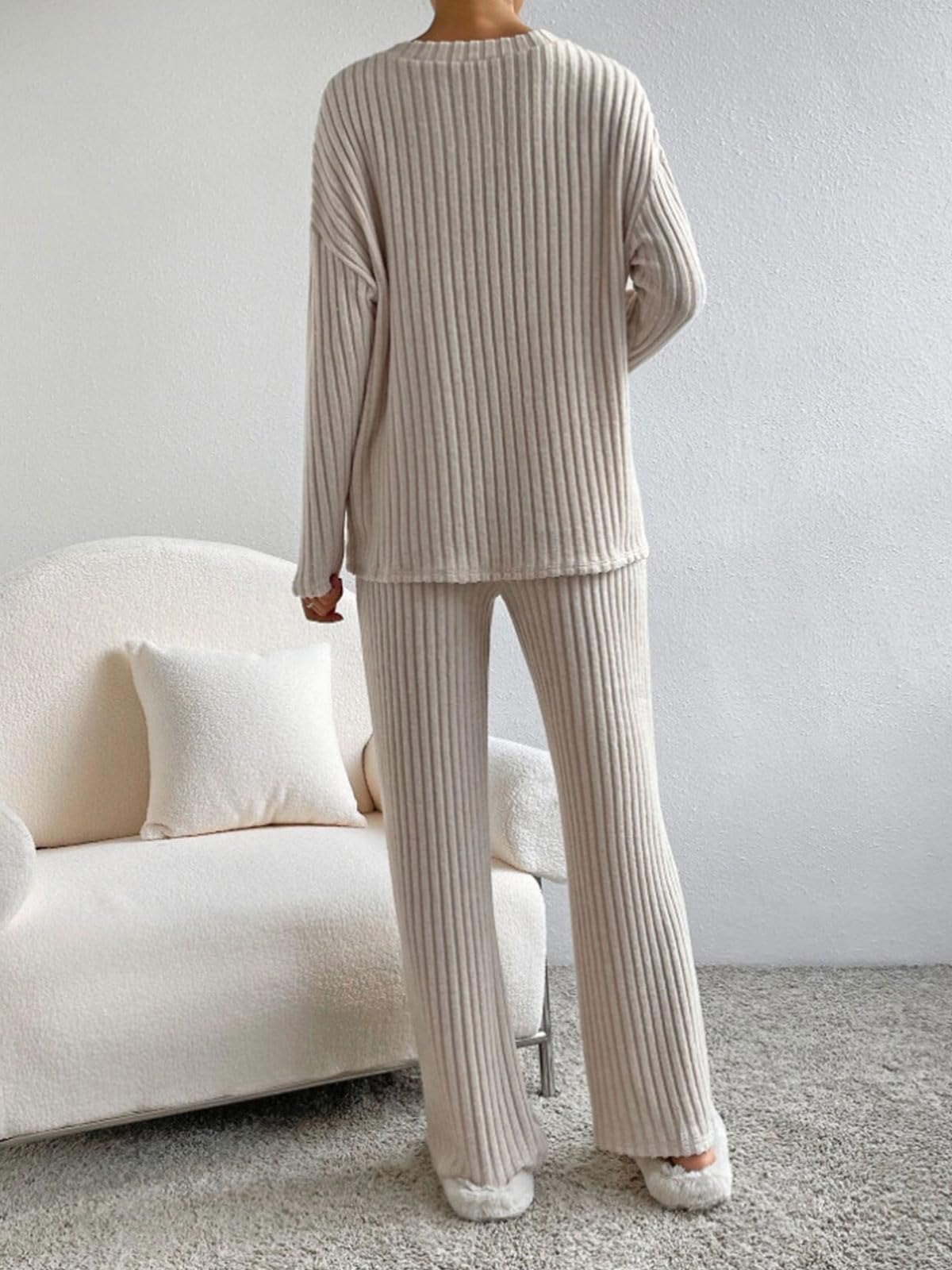CheChury Zweiteiler Damen Lounge Set V-Ausschnitt Einfarbig Loungewear Gerippt Shirt Top Langärm mit Hose 2-Teiliges Hausanzug Jogginganzug Loungewear Nachtwäsche Hauskleidung Freizeit Outfit