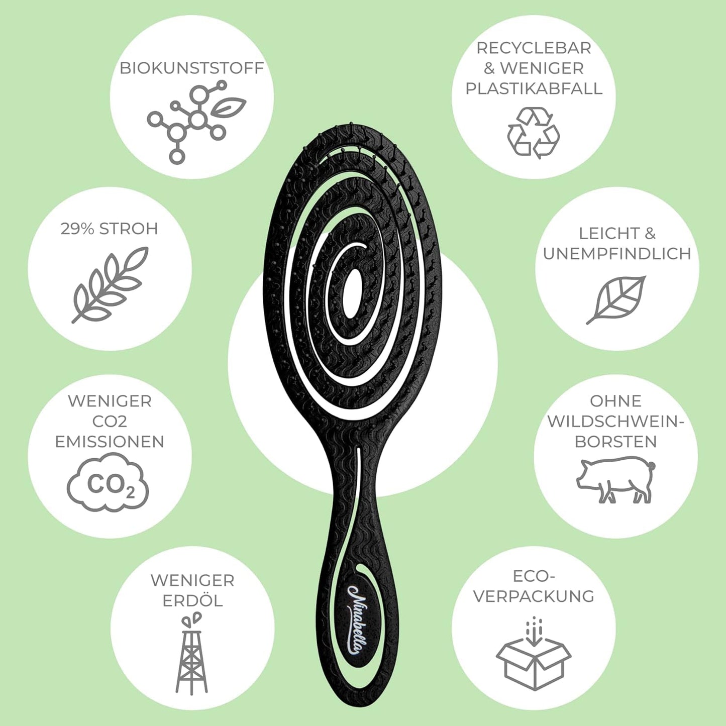 Ninabella Haarbürste ohne Ziepen für Damen, Herren & Kinder - Entwirrbürste auch für Locken & Lange Haare - Einzigartige Profi Detangler-Bürste mit Spiralfeder - Schwarz