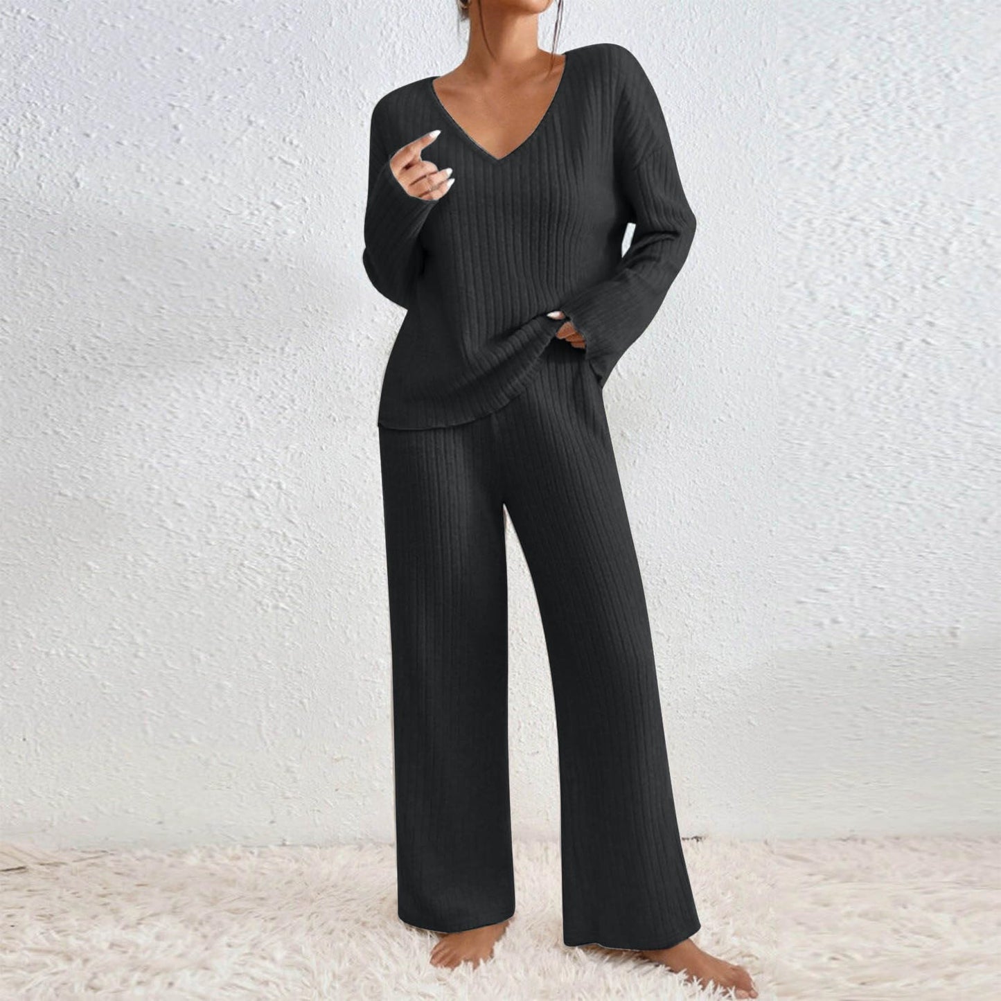 Hausanzug Damen Elegant Gestrickte Loungewear Einfarbig Strickanzug Langarm Schlafanzüge Zweiteiler V-Ausschnitt Homewear Locker Freizeitanzug Outfit Weites Bein Hose mit Taschen Lounge Set