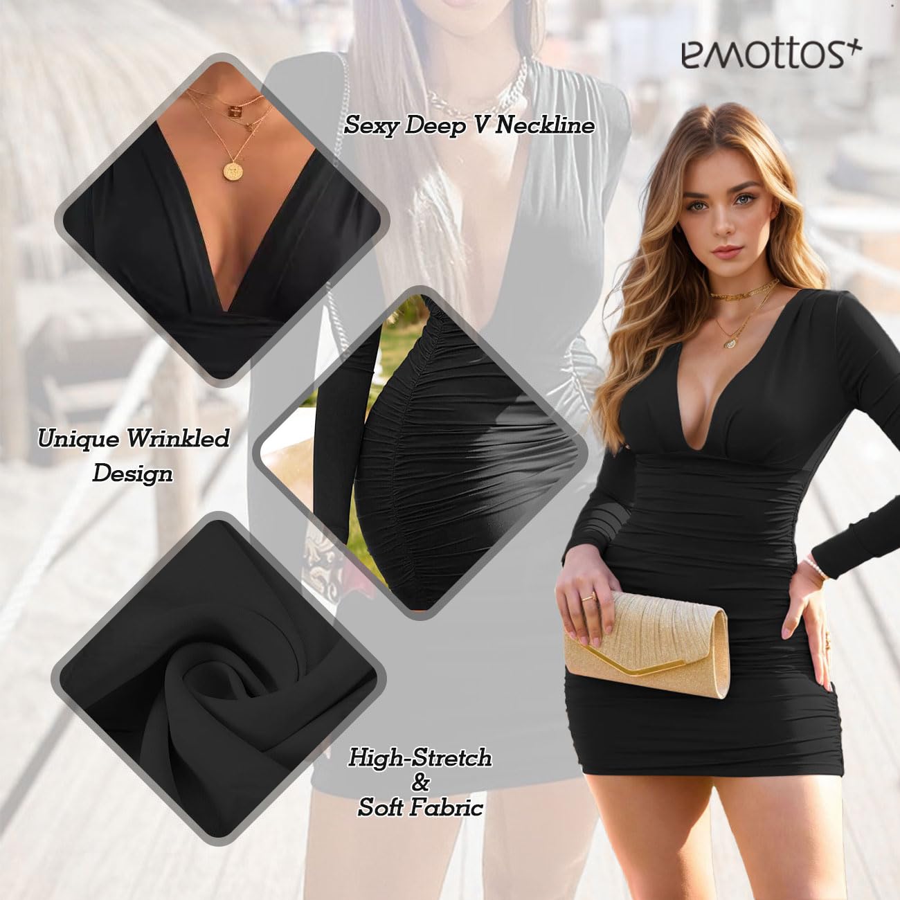 EMOTTOS Frauen Mini Wrap Dress, Sexy Hip-Hugging Ruched Kleider, Weicher tiefer V-Ausschnitt/One-Shoulder Langärmeliges Bodycon Bleistiftkleid, Mini Tube Club Cocktail Party Kleid(2 Style, S-L)