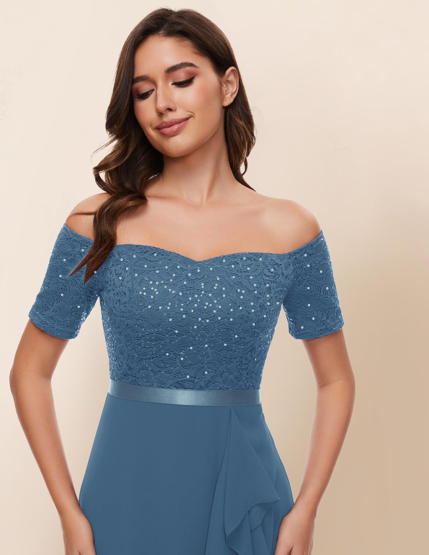 Berylove Abendkleid Damen Lang Glitzer Kleid Cocktailkleid Elegant für Hochzeit Off Shoulder Kleid Ballkleid