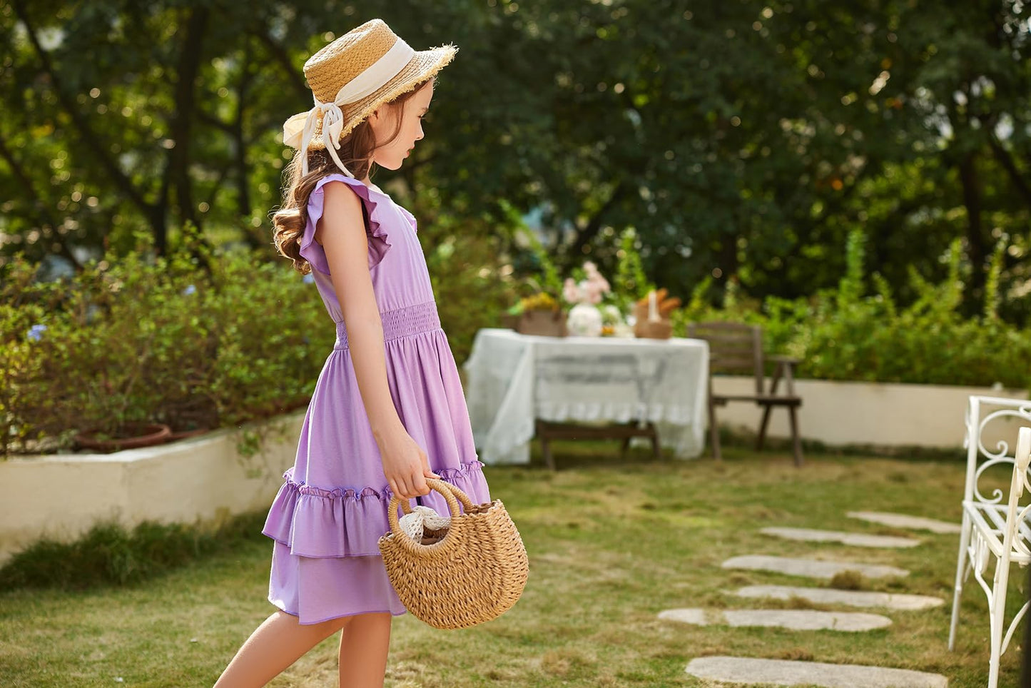 Arshiner Mädchen Kleider Flatterärmel Kinder Sommer Baumwolle Festliche Kleid A-Linie Taille Einschnüren Freizeitkleid Swingkleid Elegant ärmelloses Kleid für Mädchen 5-13 Jahre