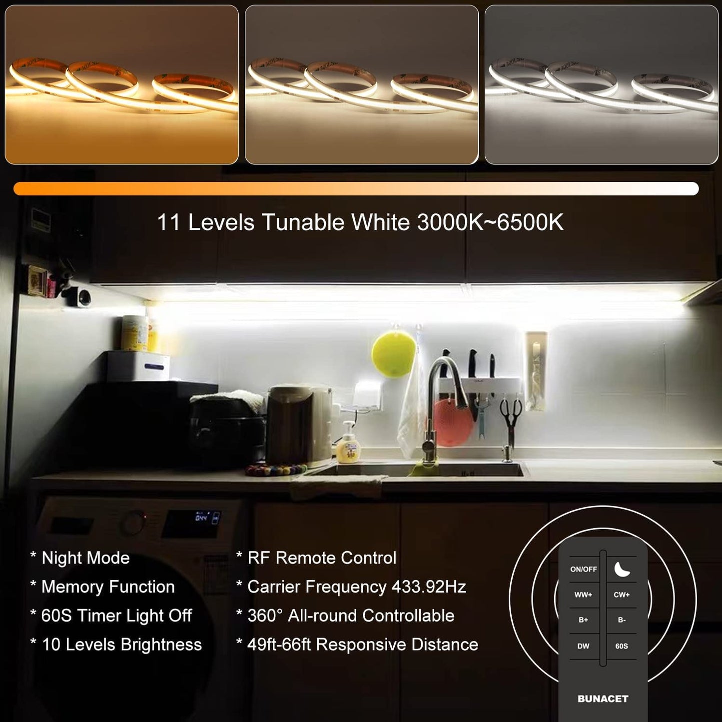 BUNACET COB RGB LED Strip 6M 24V Dimmbar, LED Streifen 3456 LEDs, Leiste Band Stripes Lichtband mit Netzteil RF Fernbedienung & APP Bluetooth für Küche Schlafzimmer Deko