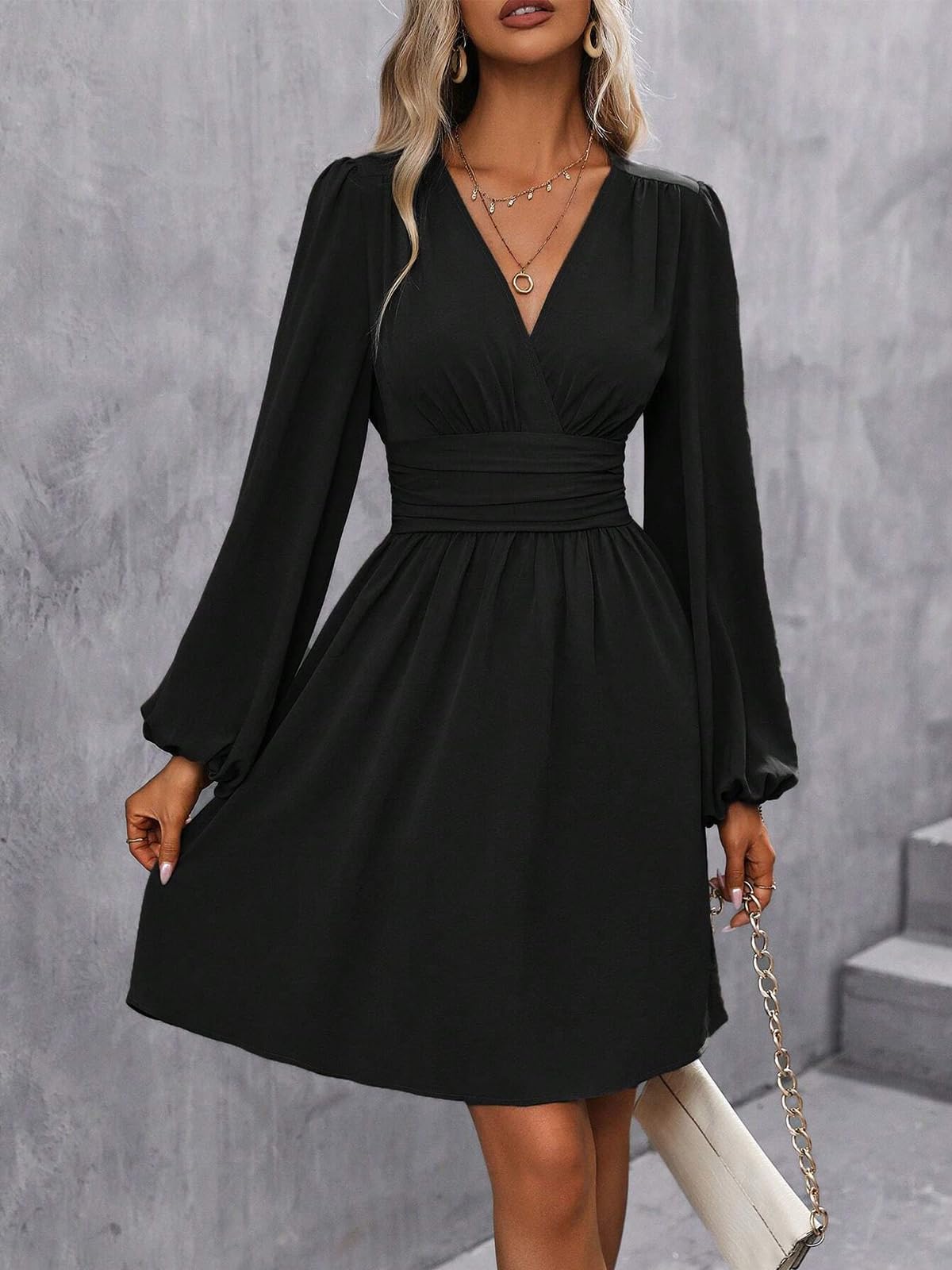 LIAMERHE Damen Elegant Kleid Langarm/Kurze Ärmel V-Ausschnitt Casual Kleider A-Linie Blumenmuster Minikleid Freizeitkleider Sommer Herbst Winter Laternenärmeln Kleid Partykleid