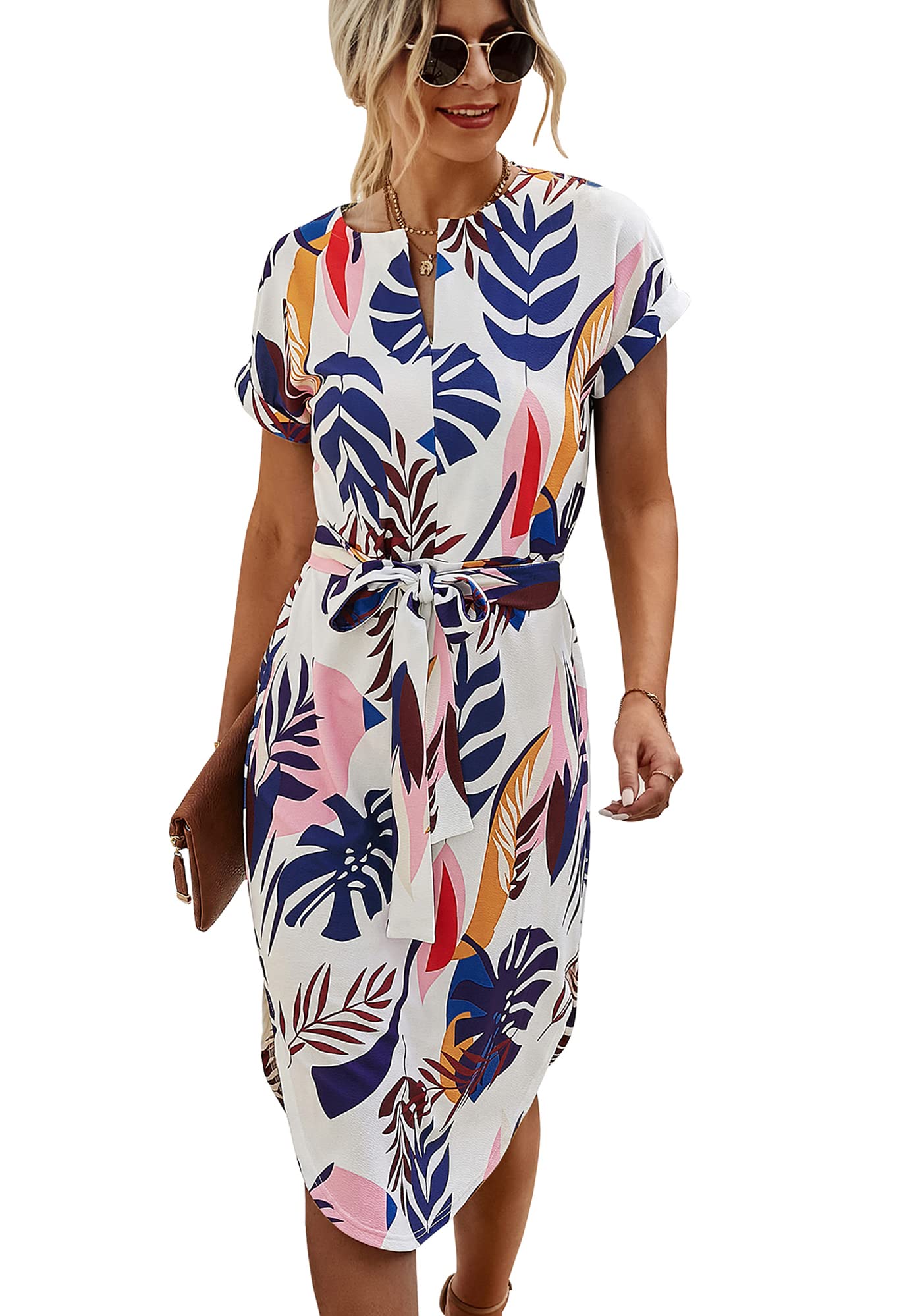 Ajpguot Sommerkleid Damen Elegant Kleider Kurzarm V-Ausschnitt Strandkleid Blumen Knielang Kleid mit Gürtel Partykleid Abendkleid