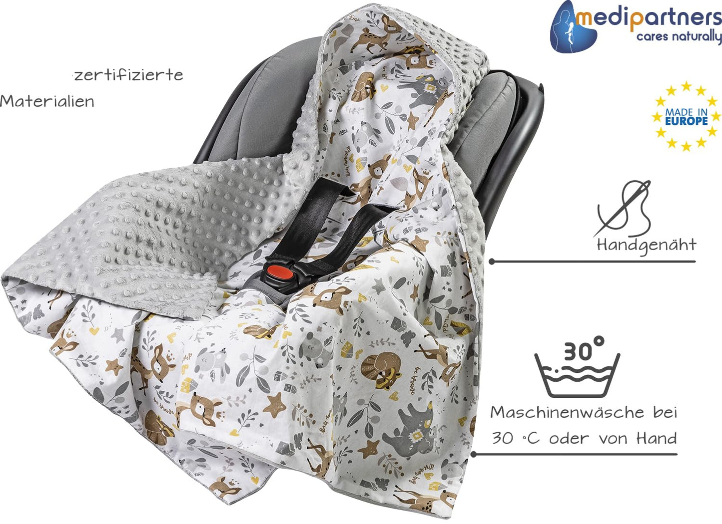 Medi Partners Einschlagdecke Baby Babyschale 100% Baumwolle für Sommer 85x85cm Kinderwagen Kuscheldecke universal Baby Decke Einschlagdecken Babydecke Buggy Autositz (weiße Sterne mit grauen Minky