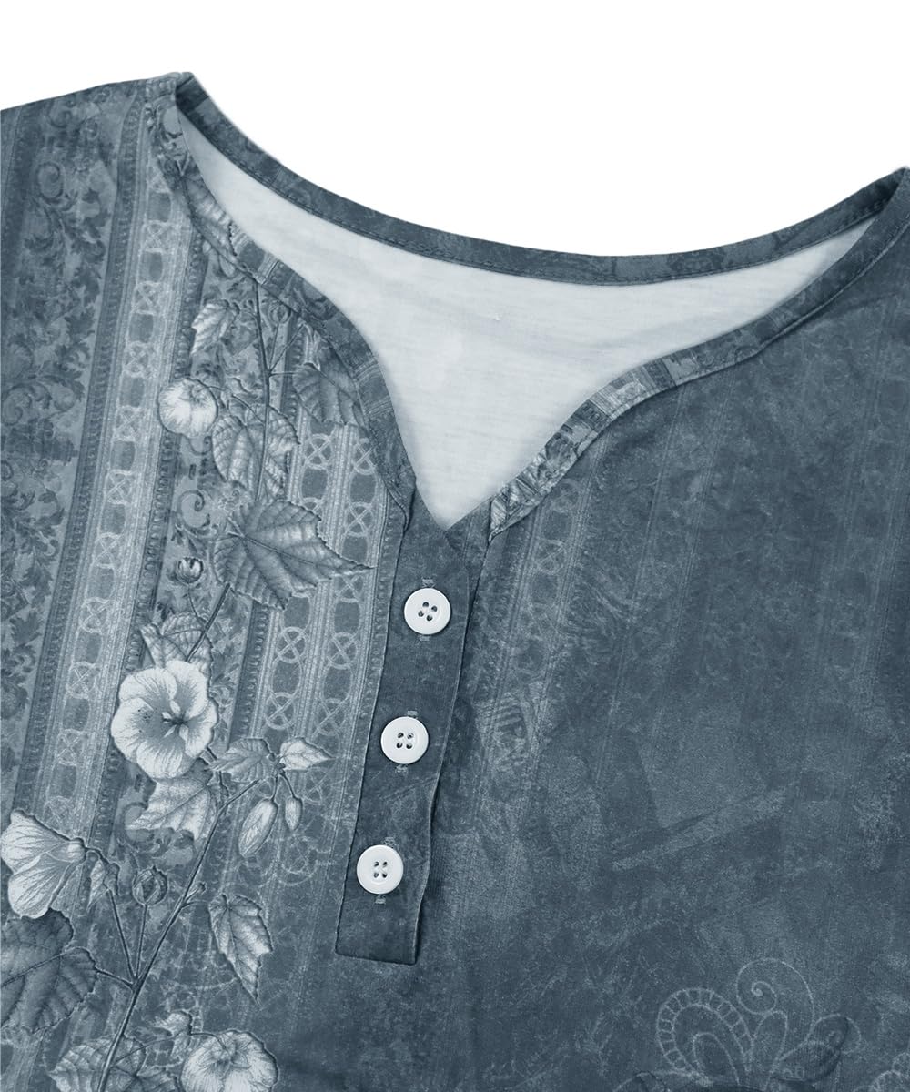 Yeenily Damen Bohemian Langarm Kleid V-Ausschnitt Blumenmuster Tunikakleider A Linien Lose Lässiges MiniKleid Freizeitkleid