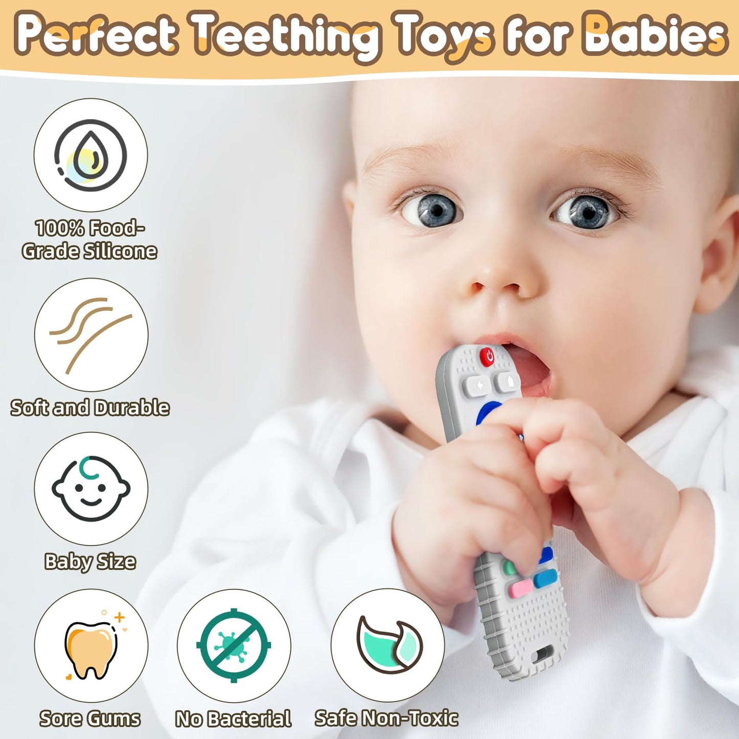 Zahnen Beißringe Spielzeug für Babys 0-6-12 Monate Geschenke, Fernbedienung Baby Zahnungshilfe für 3 6 9 Monate Kleinkind Autismus, Lebensmittelqualität Silikon Badespielzeug, Schwarz