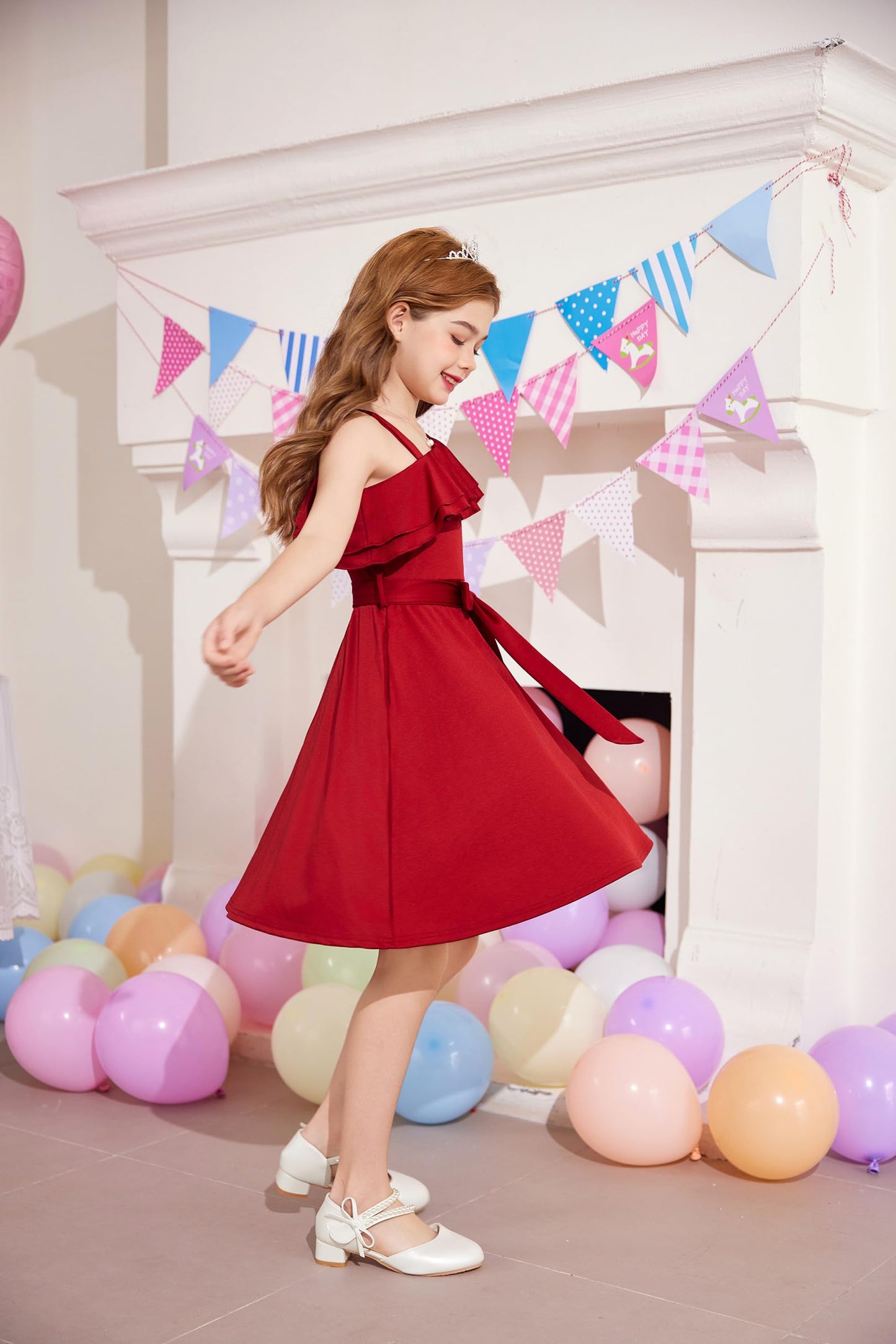 Arshiner Mädchen Kleider Eine-Schulter Kinderkleider Sommer Festliches Kleid Rüschenkragen Elegant Partykleider Swingkleid mit Gürtel ärmelloses Kleid für Mädchen 5-13 Jahre