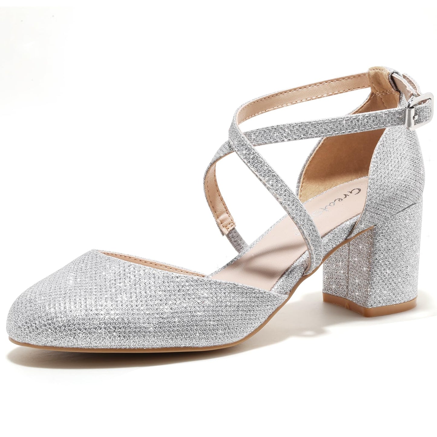 Greatonu Damen Pumps Riemchenpumps Spangenpumps Sandale mit Kreuz Knöchelriemen Blockabsatz Geschlossener Spitze Glitzer Pumps - Perfekt für Hochzeiten und Partys