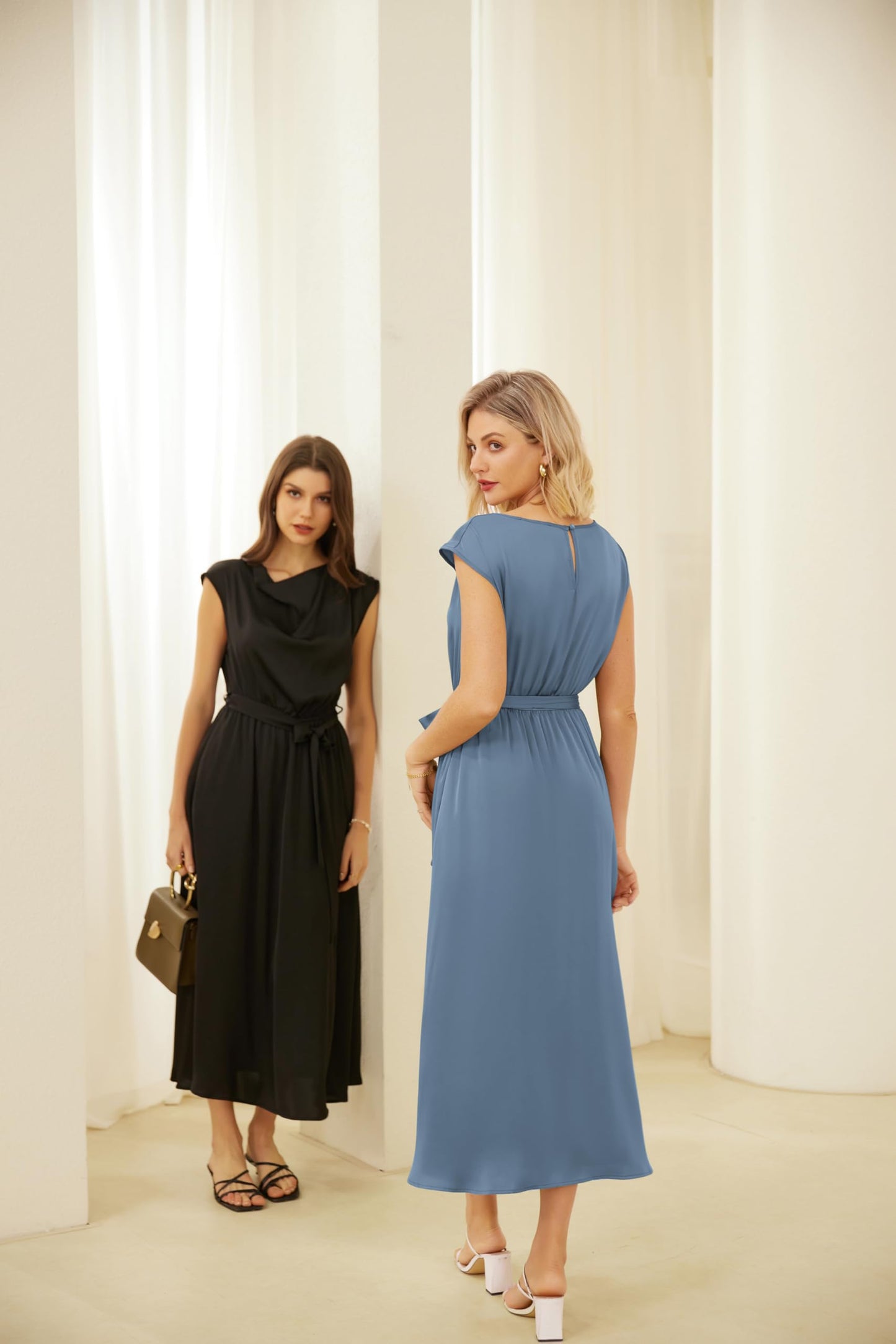 GRACE KARIN Elegantes Damenkleid mit Schalkragen Schmetterlingsärmeln Glatter Sommerstoff für Einen Schicken Abend