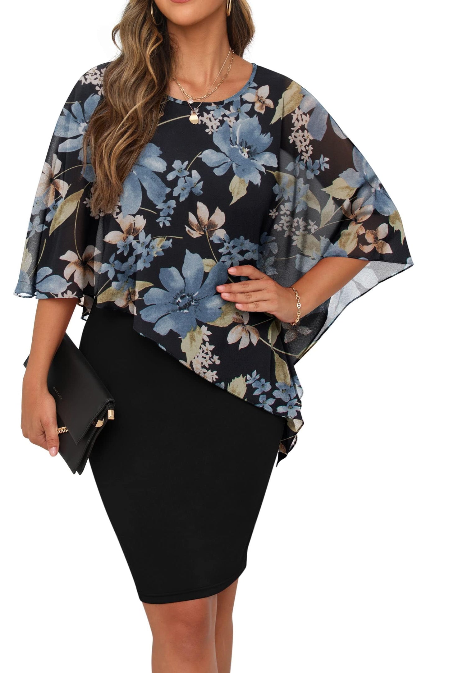 QIXING Damen Chiffon Cape Cocktialkleid Rundhals Ausschnitt Bleistiftkleid Sommerkleid Damen Knielang Elegant Abendkleid Mit Overlay Casual Bodycon Kleider
