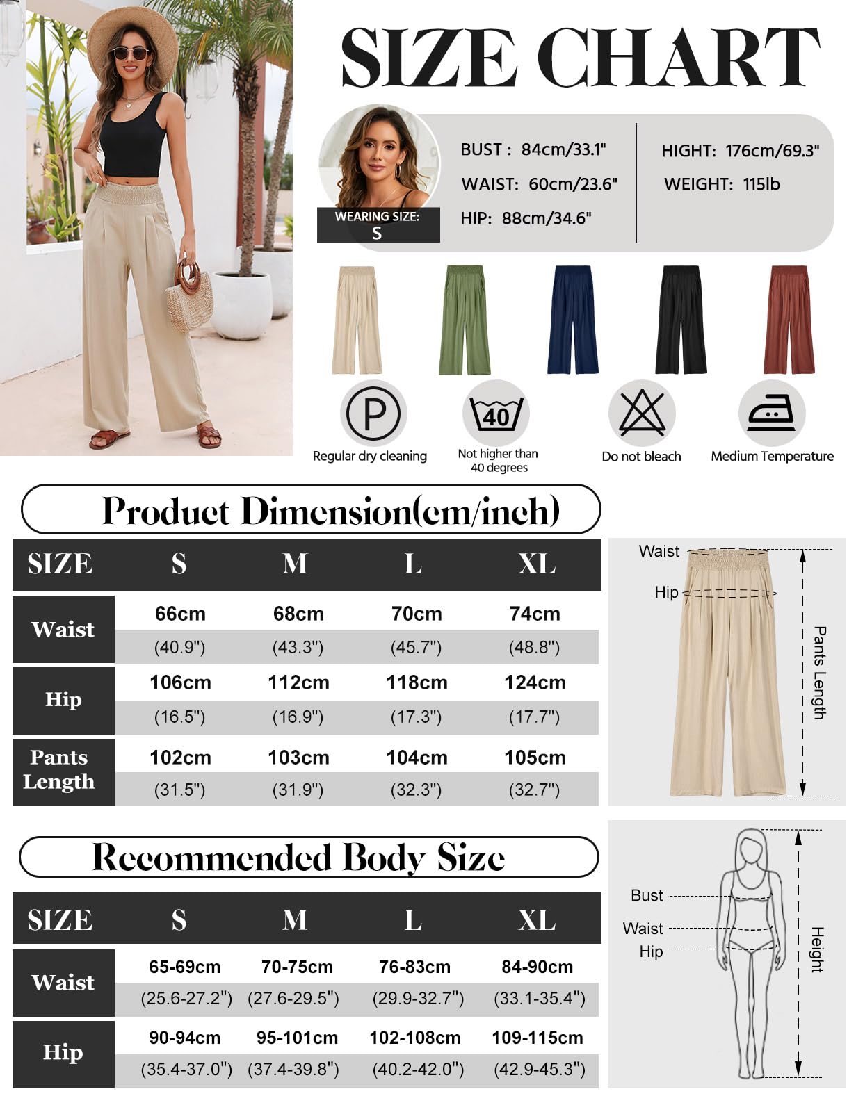 Niwicee Leinenhose Damen Sommer Baumwolle Leinen Hose High Waist Geradem Lose Casual Sommerhose mit Taschen Elastisch Hohe Taille Freizeithose Strandhose Lang Leichte