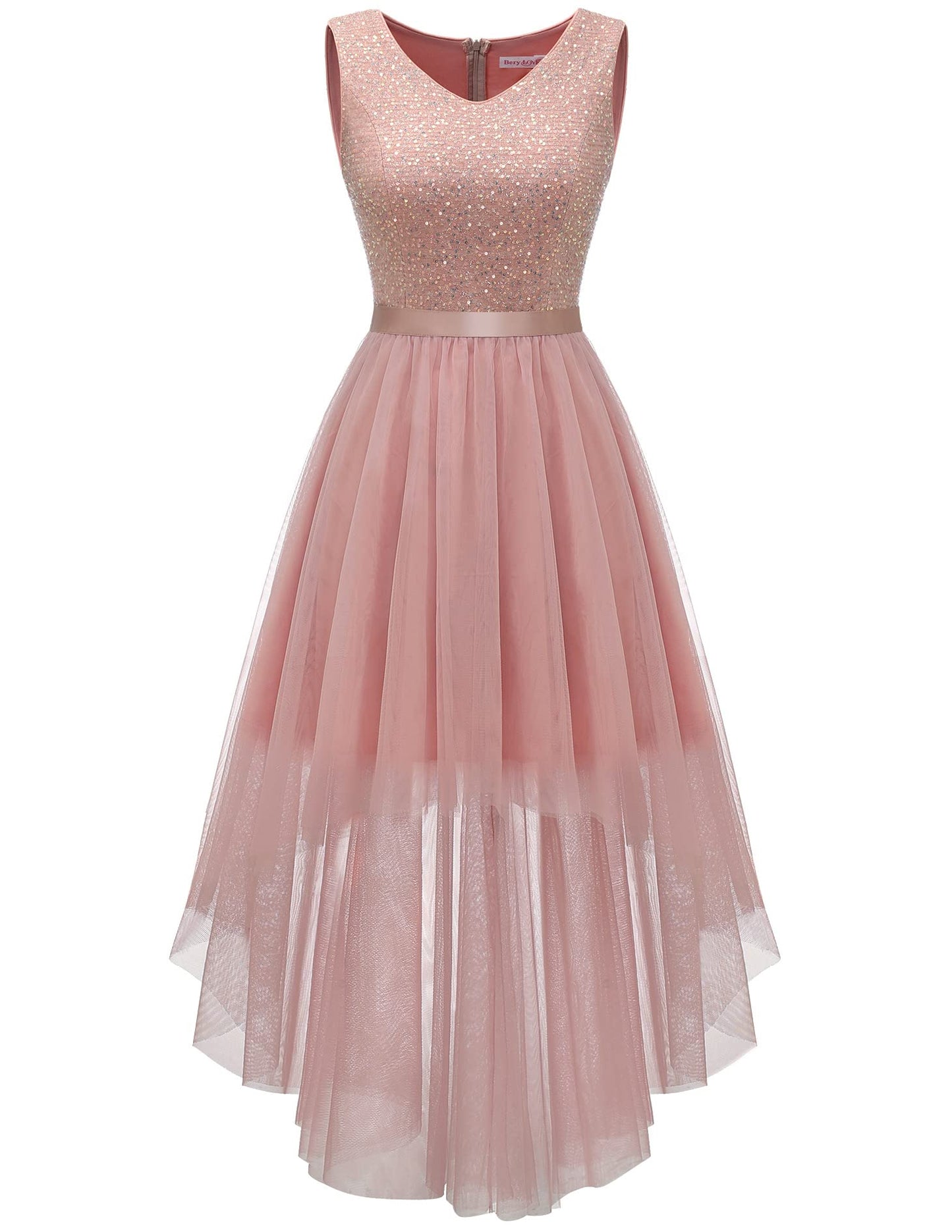 Berylove Kleid Festlich Damen Abendkleid mit Pailletten Cocktailkleid Ballkleid Lang Glitzer V Ausschnitt Ärmellos Tüllkleid