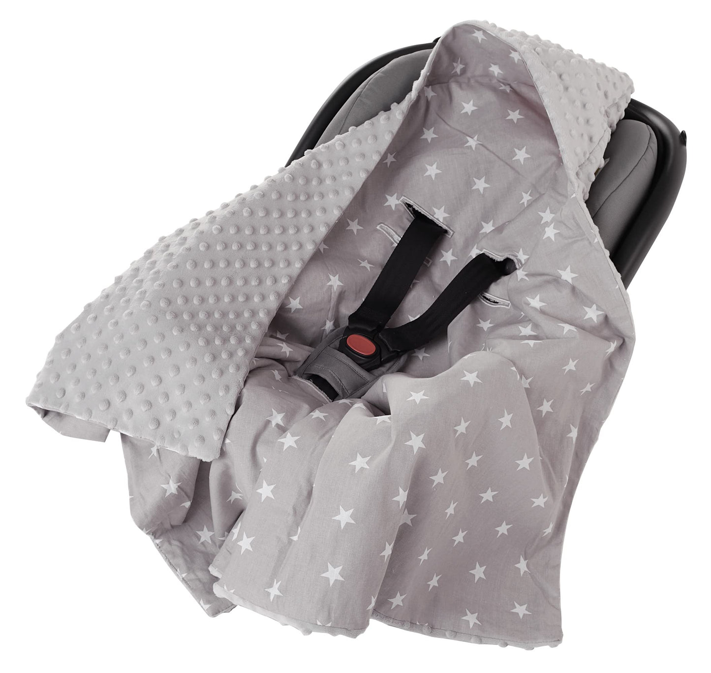 Medi Partners Einschlagdecke Baby Babyschale 100% Baumwolle für Sommer 85x85cm Kinderwagen Kuscheldecke universal Baby Decke Einschlagdecken Babydecke Buggy Autositz (weiße Sterne mit grauen Minky