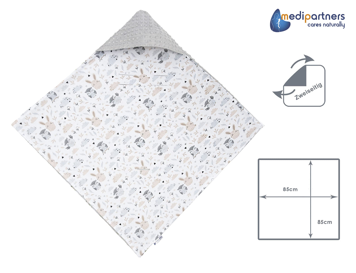 Medi Partners Einschlagdecke Baby Babyschale 100% Baumwolle für Sommer 85x85cm Kinderwagen Kuscheldecke universal Baby Decke Einschlagdecken Babydecke Buggy Autositz (weiße Sterne mit grauen Minky