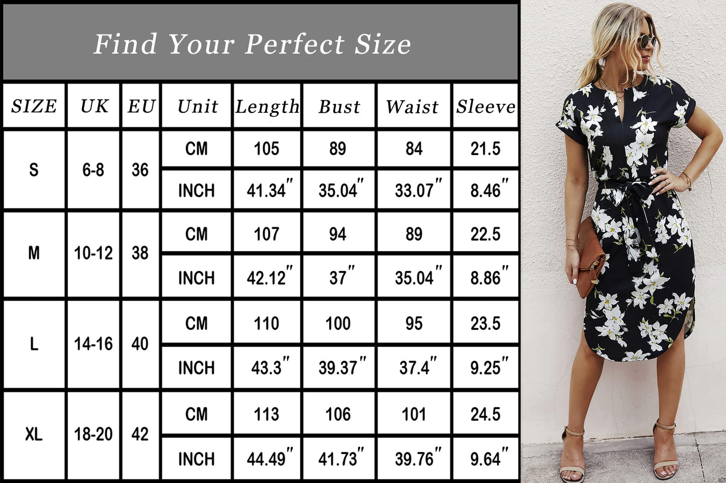 Ajpguot Sommerkleid Damen Elegant Kleider Kurzarm V-Ausschnitt Strandkleid Blumen Knielang Kleid mit Gürtel Partykleid Abendkleid
