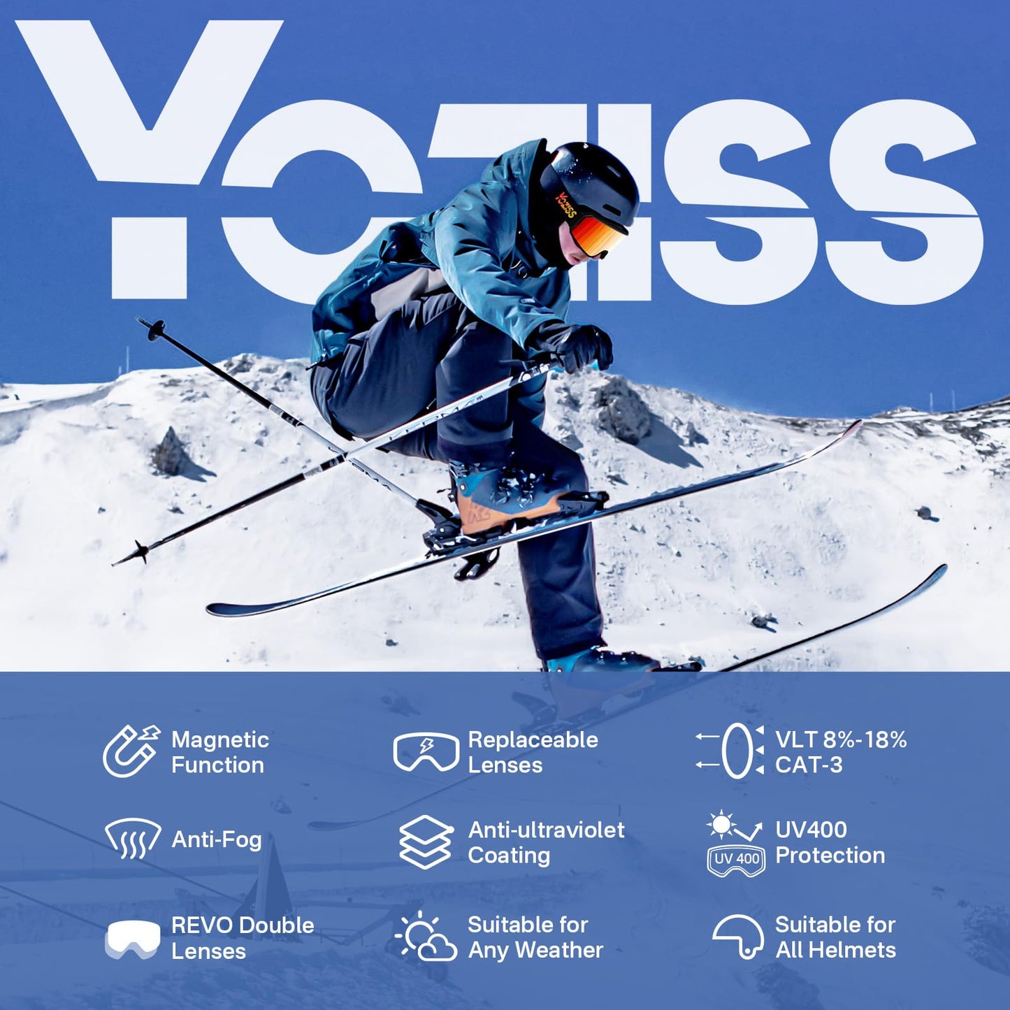 YOZISS OTG Ski Goggles for Men and Women, Magnetic Snowboard Goggles Anti-Fog & 100% UV Protection, OTG Ski Goggles Snow Goggles for Skiing & Winter Sports