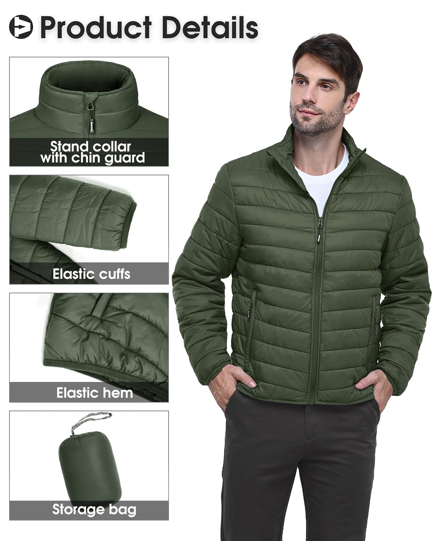 Outdoor Ventures Herren Steppjacke Packbare Leichte Warme Übergangsjacke Herren Wasserfeste Pufferjacke mit 3 Taschen für Outdoor Casual Wandern
