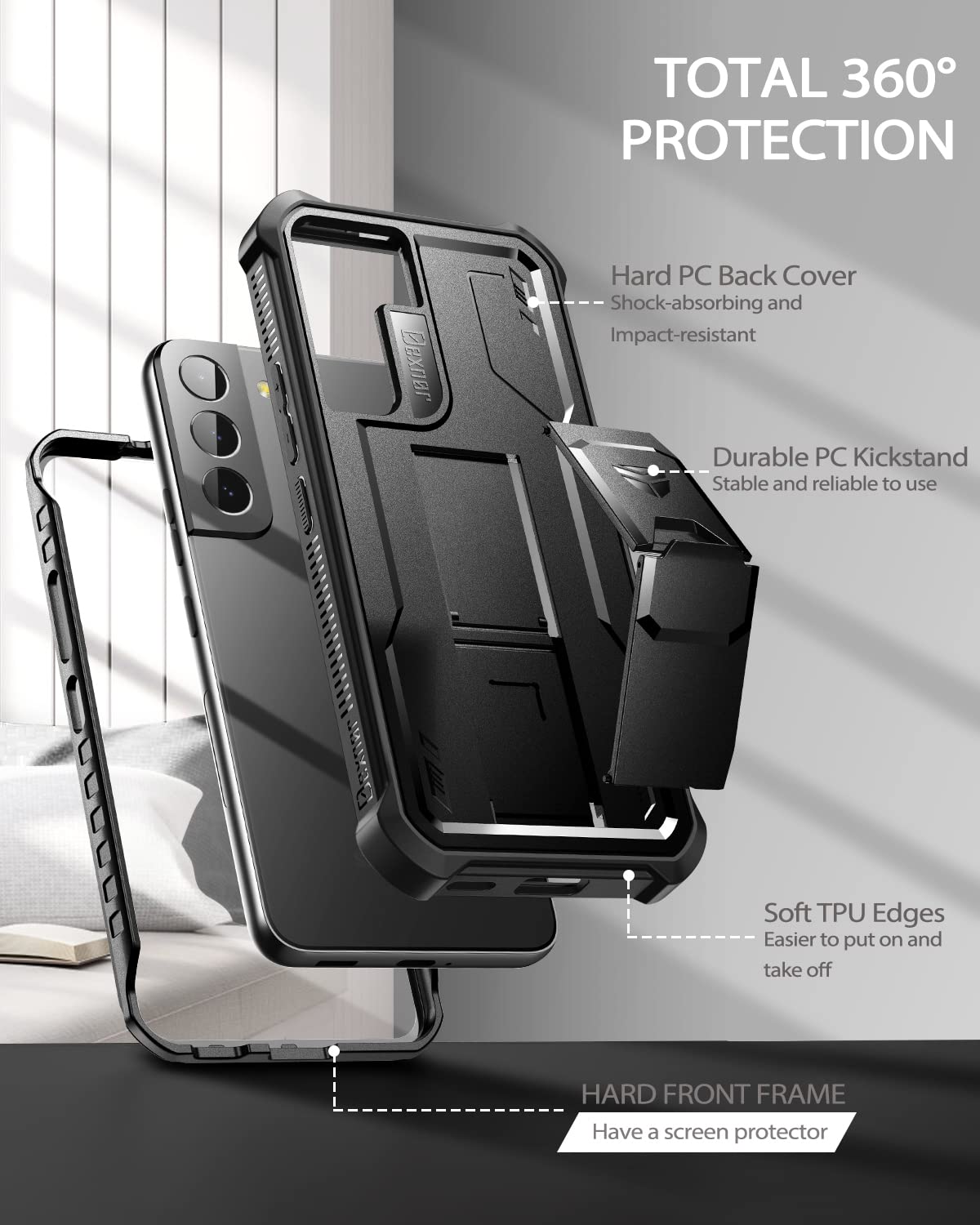 Dexnor Kompatibel mit Hülle Samsung Galaxy S22 Plus 5G mit integrierter Displayschutzfolie Militär-Grad 360 Full Body Shockproof Bumper Protection Cover with Stand - Black