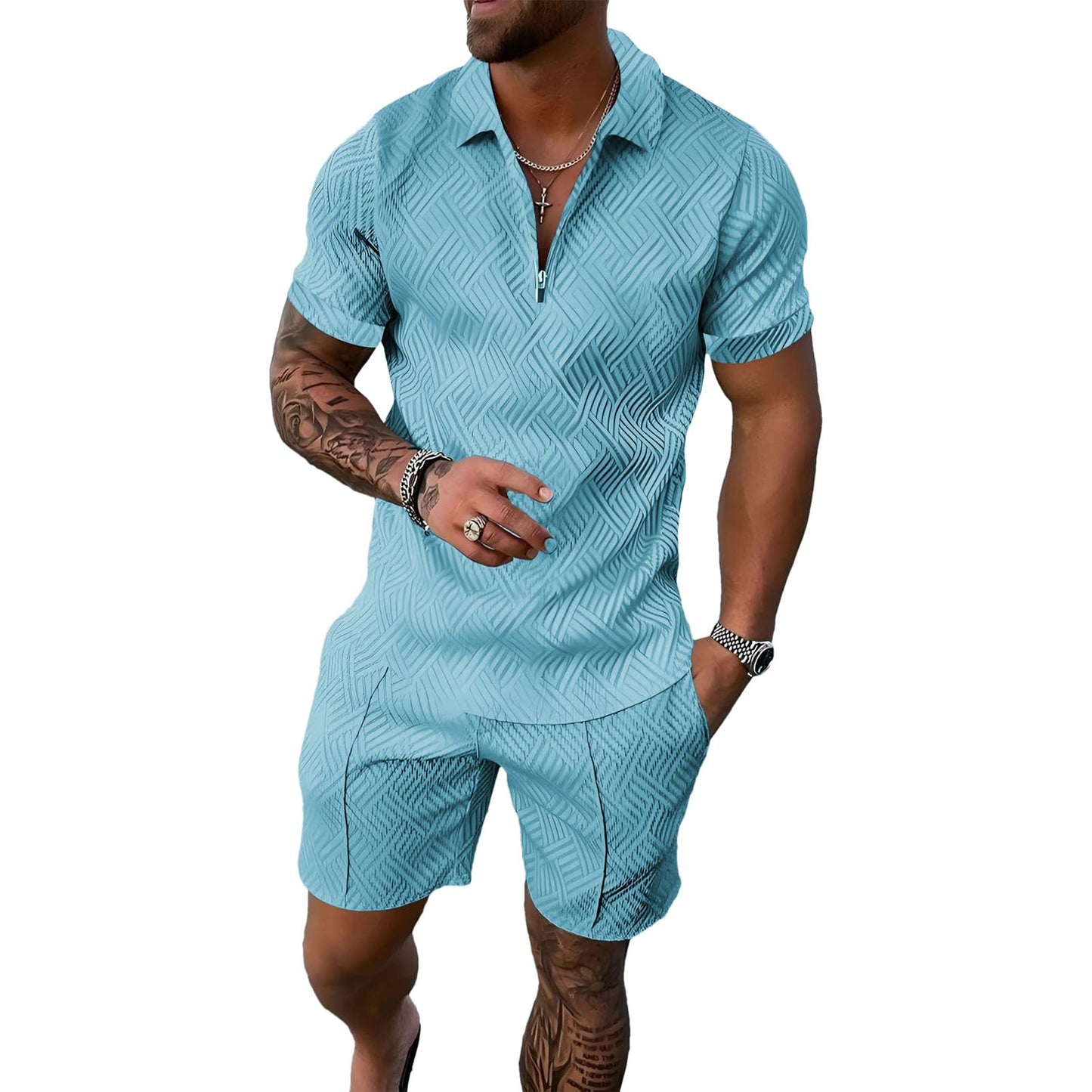 Herren Sportanzug Sommer Trainingsanzug Kurzarm Reißverschluss Top und Shorts Kleidung Set