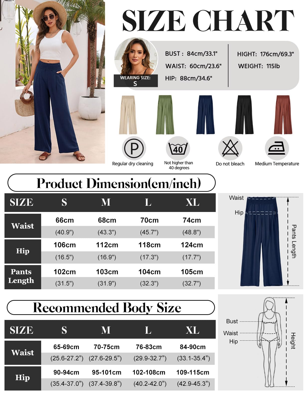Niwicee Leinenhose Damen Sommer Baumwolle Leinen Hose High Waist Geradem Lose Casual Sommerhose mit Taschen Elastisch Hohe Taille Freizeithose Strandhose Lang Leichte