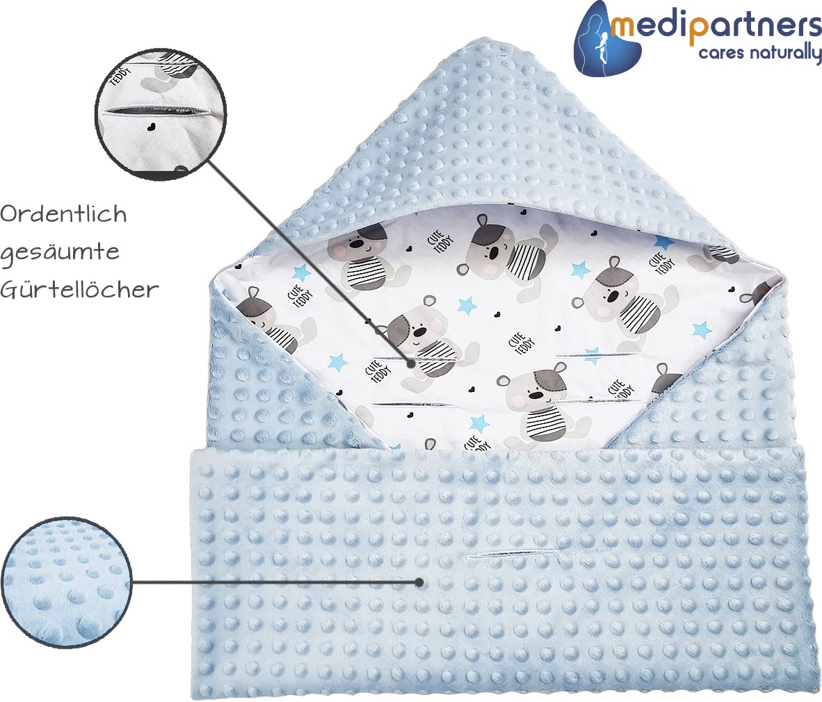Medi Partners Einschlagdecke Baby Babyschale 100% Baumwolle für Sommer 85x85cm Kinderwagen Kuscheldecke universal Baby Decke Einschlagdecken Babydecke Buggy Autositz (weiße Sterne mit grauen Minky