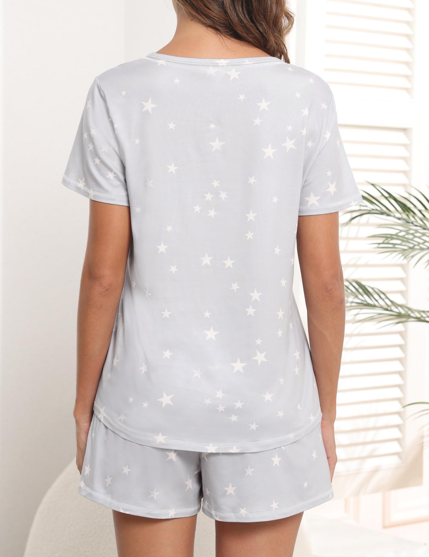 Ekouaer Schlafanzug Damen Kurz Pyjama Set Kurzarm Sommer Nachtwäsche Gedruckt with Taschen S-XXL