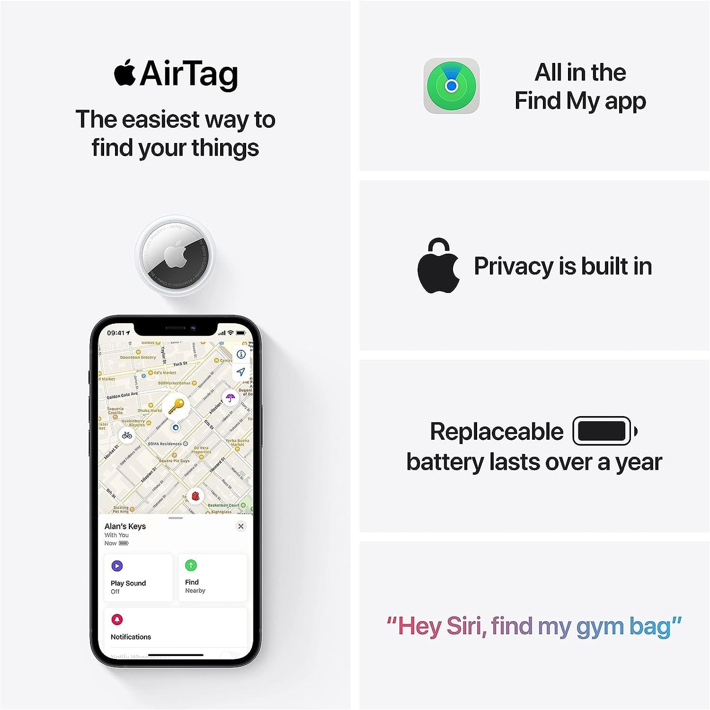 Apple AirTag 4er Pack - Finde und behalte Deine Sachen im Blick: Schlüssel, Geldbörsen, Gepäck, Rucksäcke und mehr. Einfaches Einrichten mit iPhone oder iPad. Austauschbare Batterie