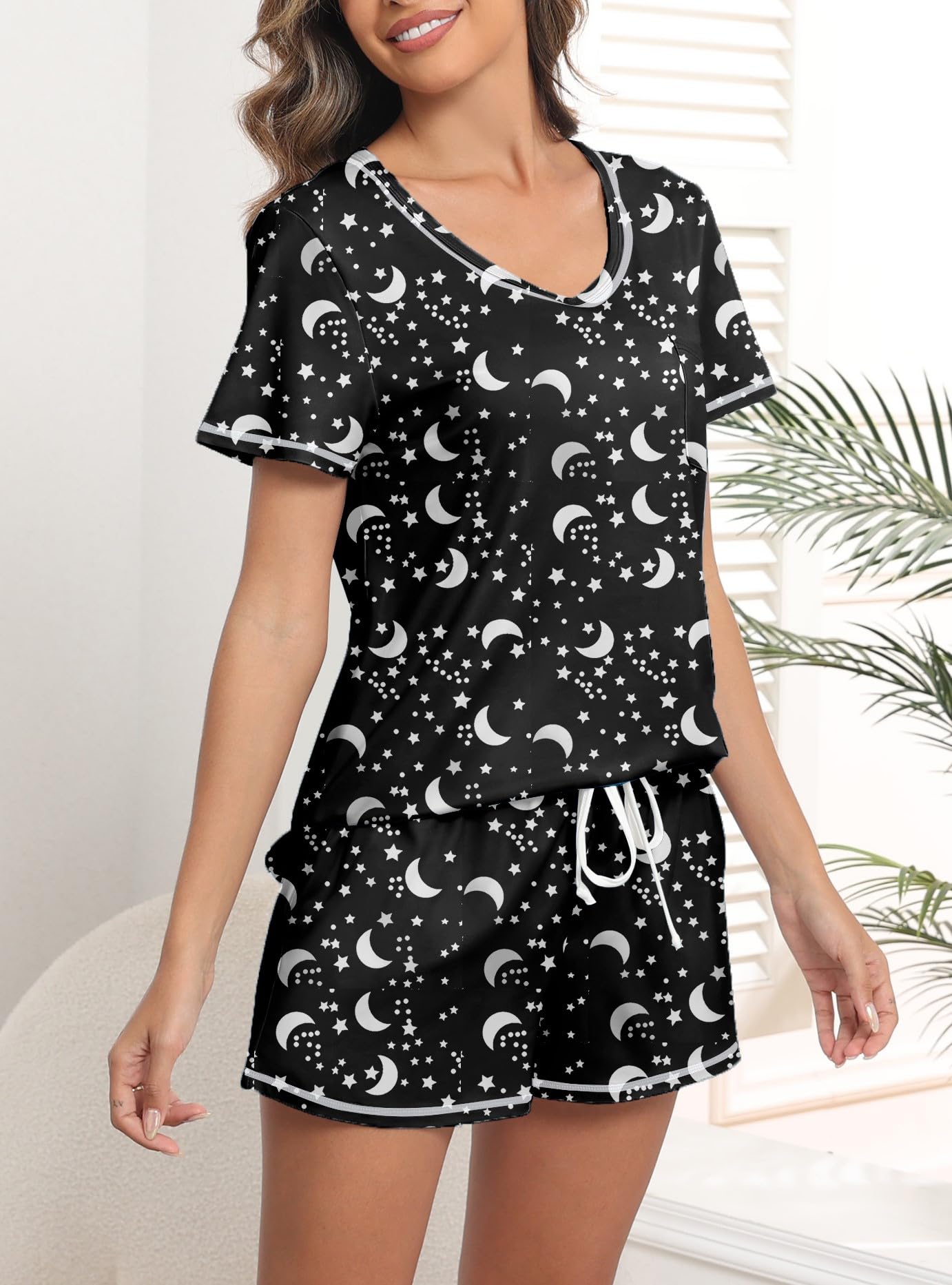 Ekouaer Schlafanzug Damen Kurz Pyjama Set Kurzarm Sommer Nachtwäsche Gedruckt with Taschen S-XXL
