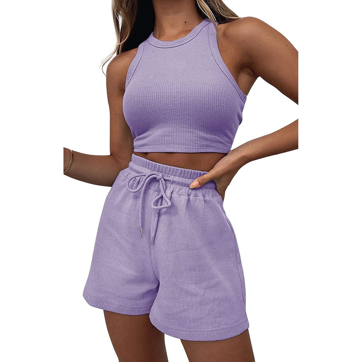 Geagodelia Damen Zweiteiler Sommer Hosenanzug Elegant Outfits Kleidung 2 Teiler Set Crop Tank Top + Shorts Y2k Aesthetic Clothes Workout Sport Anzug