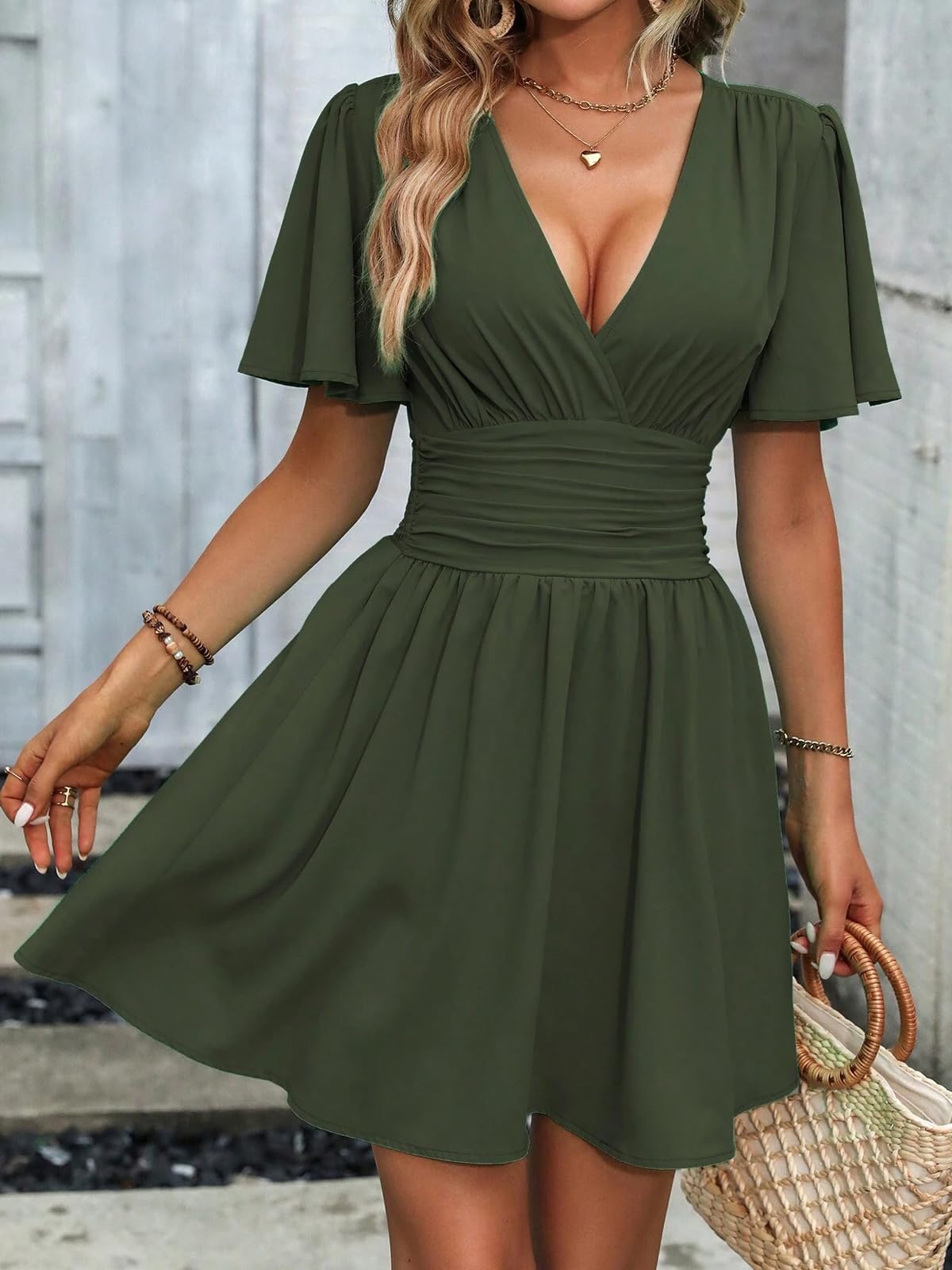 LIAMERHE Damen Elegant Kleid Langarm/Kurze Ärmel V-Ausschnitt Casual Kleider A-Linie Blumenmuster Minikleid Freizeitkleider Sommer Herbst Winter Laternenärmeln Kleid Partykleid
