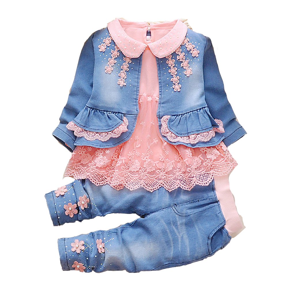 YYA 6M-4J Baby Mädchen Jeans 3-teiliger Anzug bestickter Spitzenrock Jeansjacke und Jeans