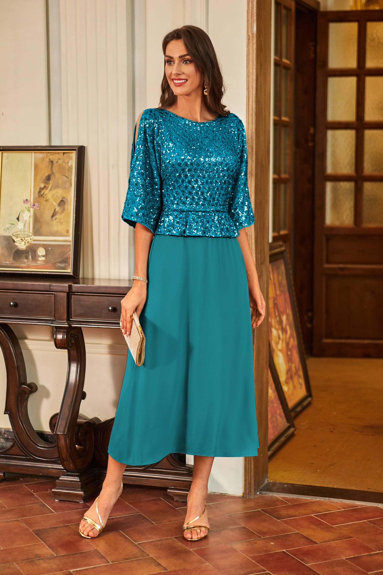 GRACE KARIN Cocktailkleid Damen Elegant Fledermaus Kleid 3/4 Ärmel A-Linie Glitzer Kleid Party Maxikleid