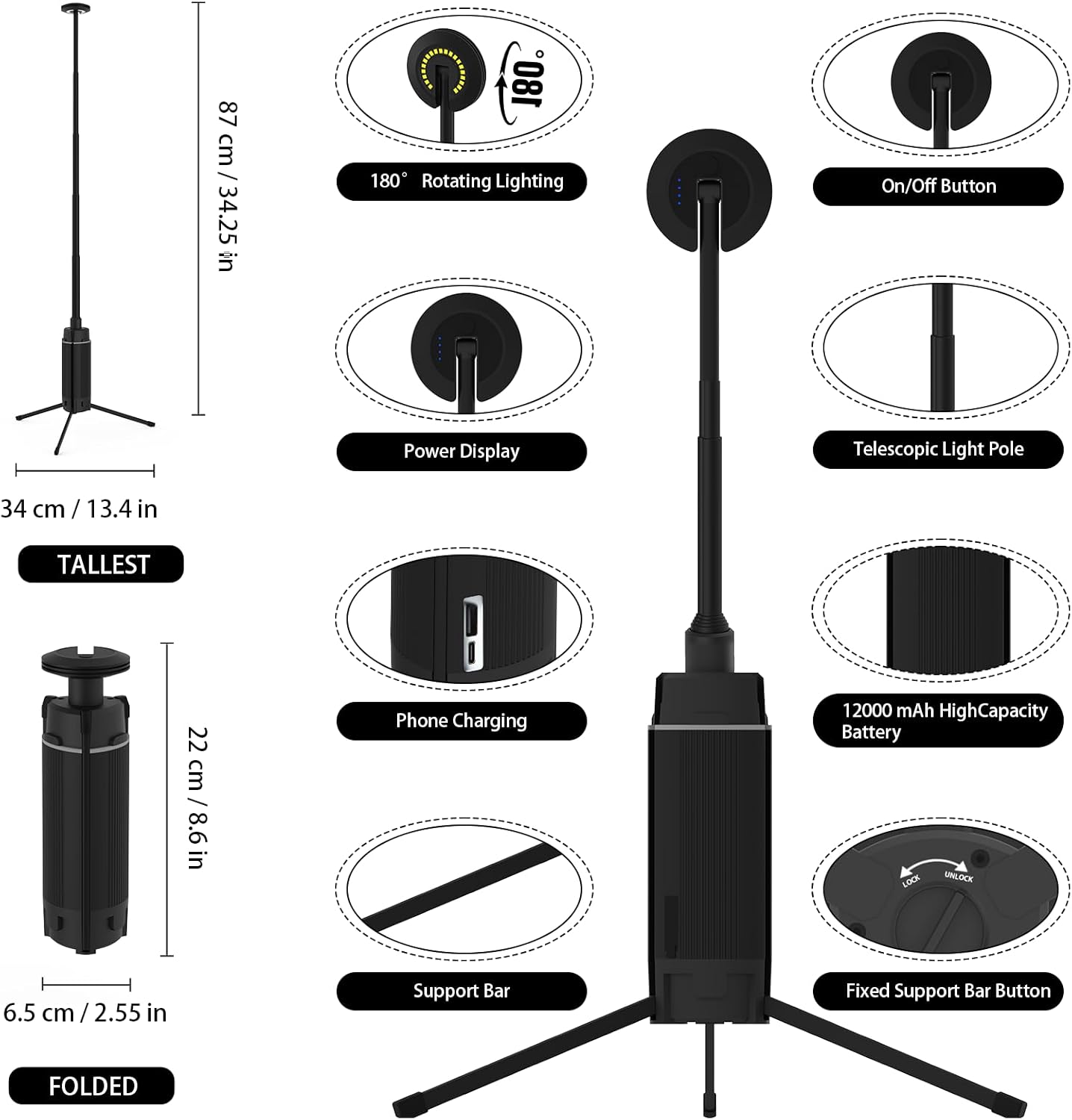 Outdoor campinglampe, wiederaufladbar mit 12000mAh Powerbank Camping-Leuchten mit supergroßer Kapazität, Einstellbare Höhe und Helligkeit, 800LM, 3 Lichtmodi, Taschenlampe für Camping, Reisen, Angeln