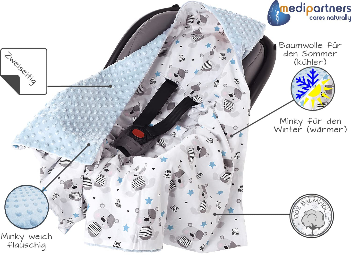 Medi Partners Einschlagdecke Baby Babyschale 100% Baumwolle für Sommer 85x85cm Kinderwagen Kuscheldecke universal Baby Decke Einschlagdecken Babydecke Buggy Autositz (weiße Sterne mit grauen Minky