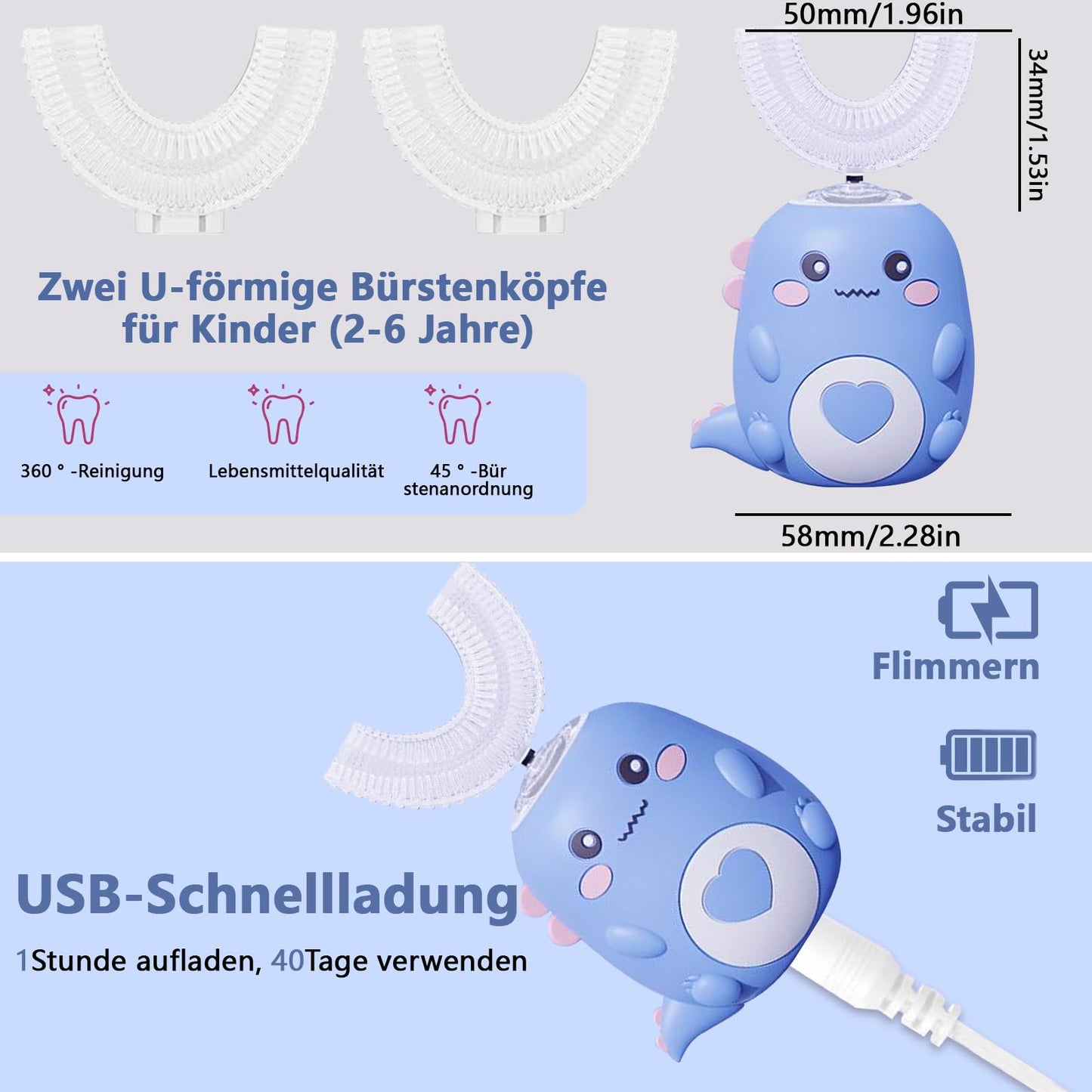Kinderzahnbürste Elektrisch, 360° Automatische Ultraschall Elektrozahnbürste, Ultraschall Zahnbürstemit 3 U-förmigen Silikonbürstenköpfen,mit LED, Dino Zahnbürste Elektrisch für Alter 2~6 Jahre (Grün)