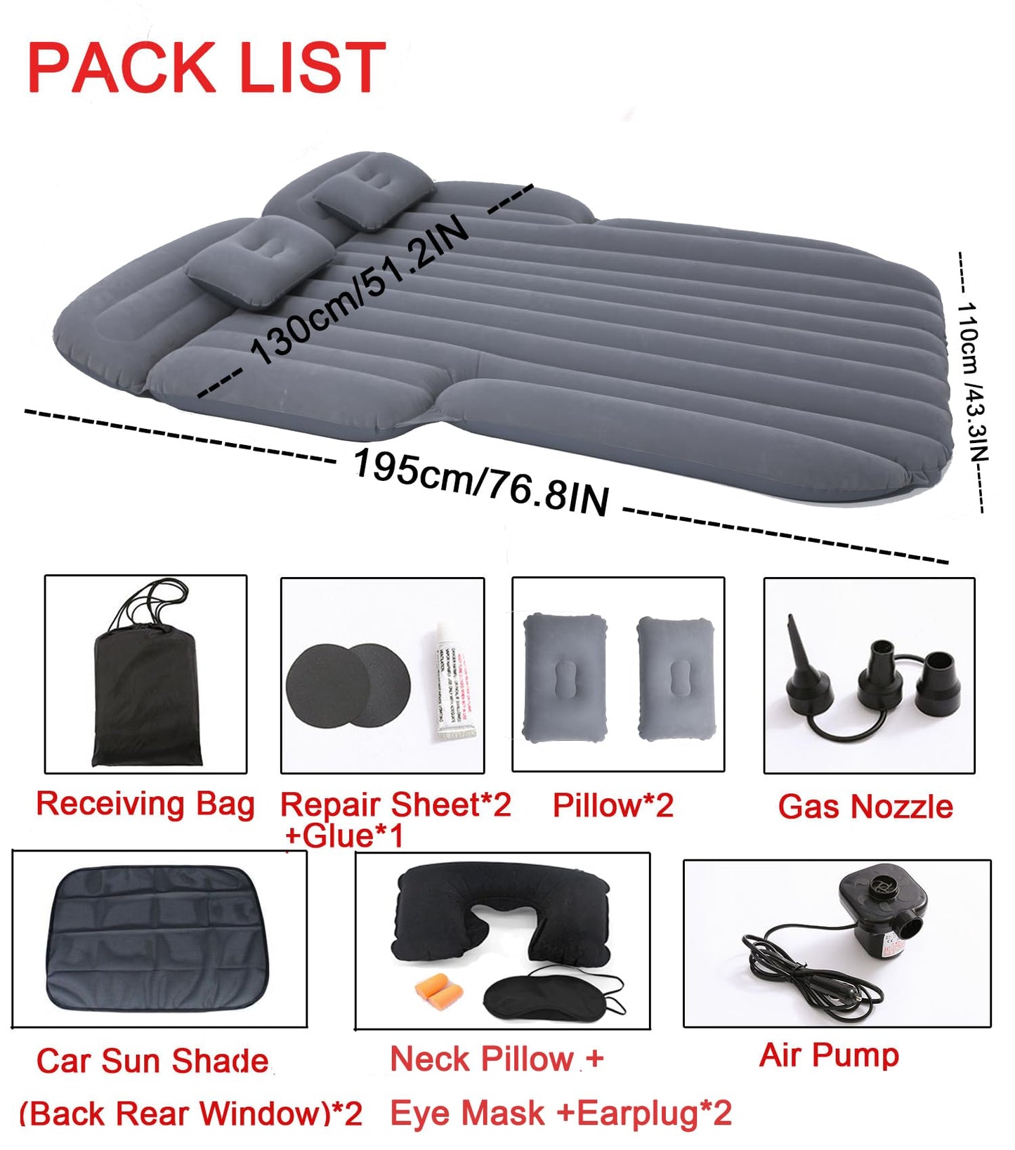Icelus Auto Matratze SUV Luftmatratze with Luftpumpe 195 * 130 * 15 cm Aufblasbare Camping Kombi Luftbett für Auto Rücksitz Dickere Kofferraum Matratze Bett für Camping Outdoor Traveling