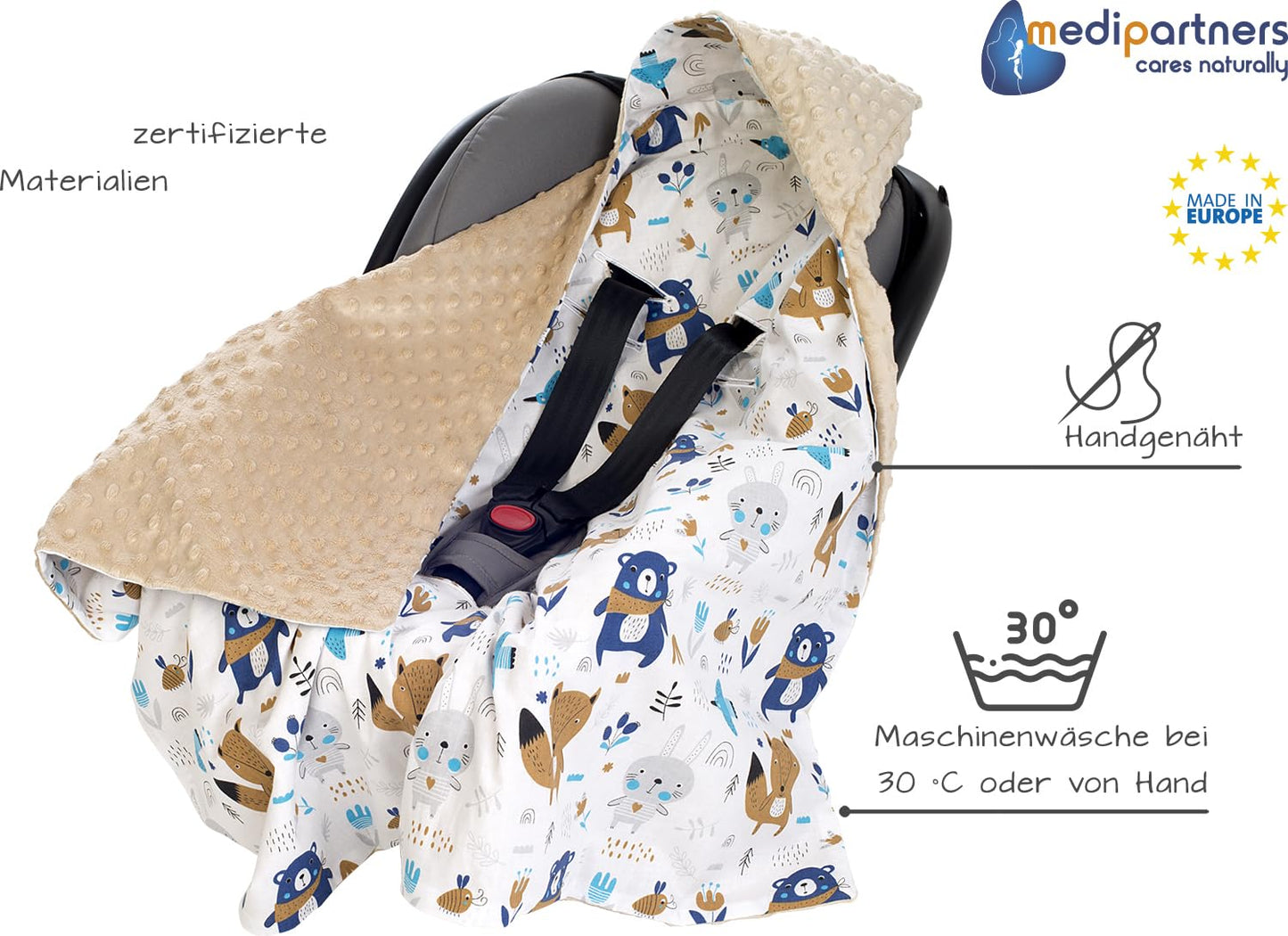 Medi Partners Einschlagdecke Baby Babyschale 100% Baumwolle für Sommer 85x85cm Kinderwagen Kuscheldecke universal Baby Decke Einschlagdecken Babydecke Buggy Autositz (weiße Sterne mit grauen Minky