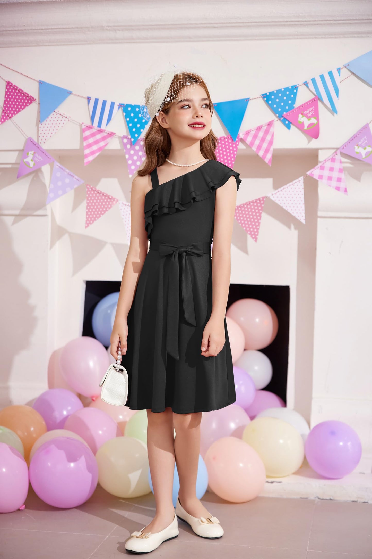 Arshiner Mädchen Kleider Eine-Schulter Kinderkleider Sommer Festliches Kleid Rüschenkragen Elegant Partykleider Swingkleid mit Gürtel ärmelloses Kleid für Mädchen 5-13 Jahre