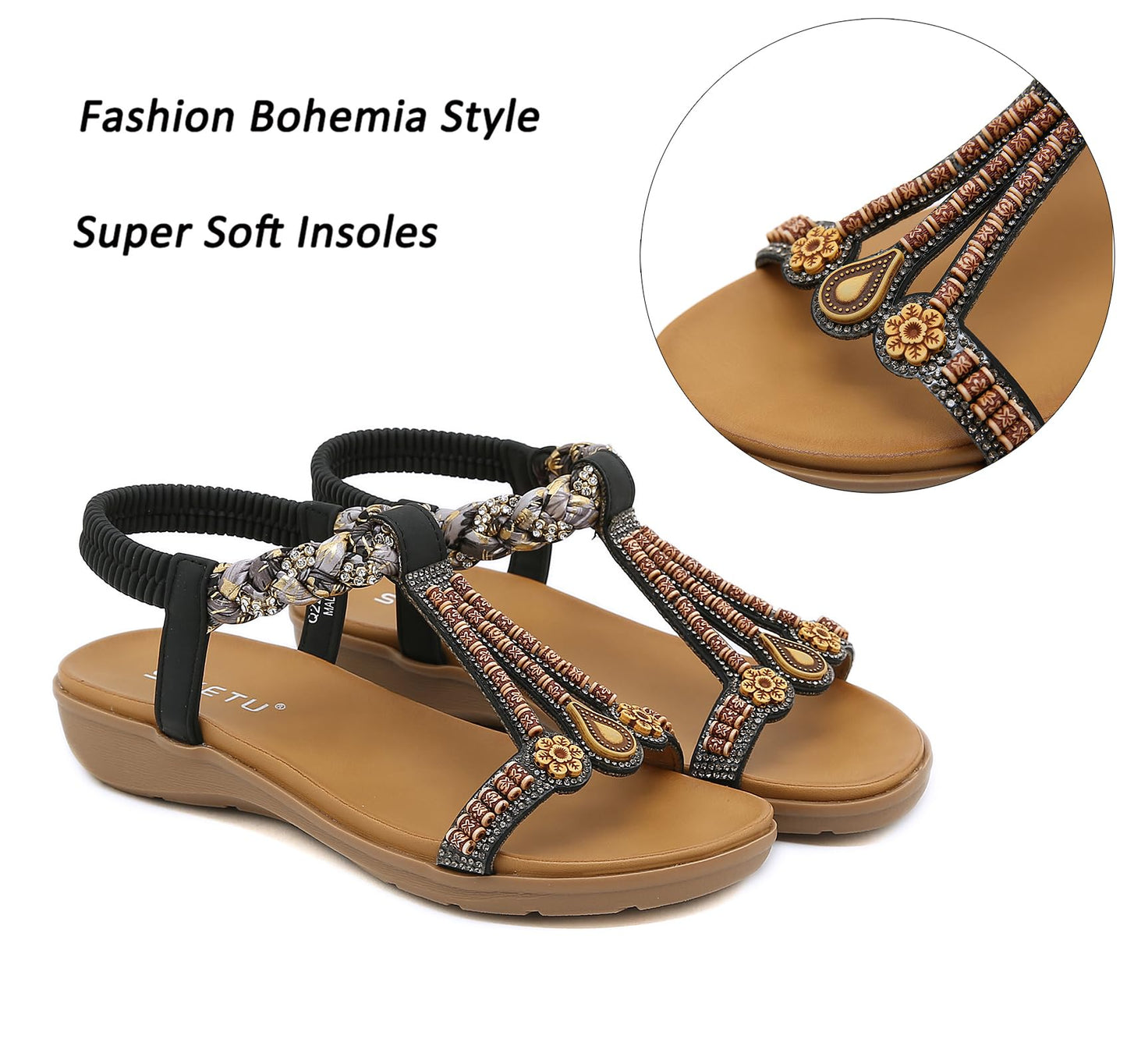 Meik Mangni Damen Sandalen Sommer Bohemian Flache Zehentrenner Strass Sandaletten Strand Schuhe Plattform Flip Flops Gr.36-42