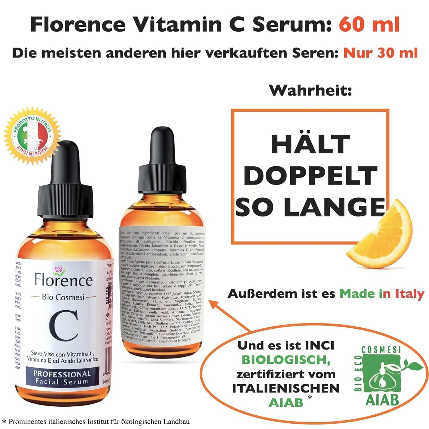 60ml Bio Hyaluron Serum mit Vitamin C, E. Hochkonzentriert Anti-Falten, Anti-Aging und Dunkle-Flecken. Hyaluronsäure-Gesichtsserum, ideal als Augenkonturcreme und für Dermaroller. Vegane Naturkosmetik