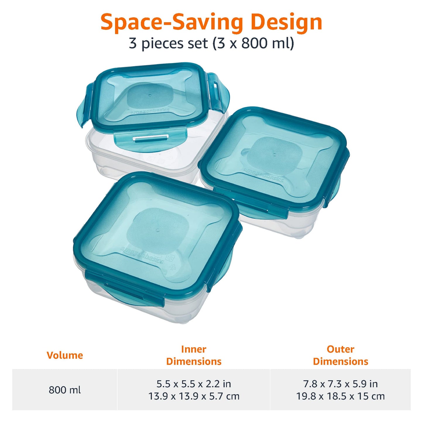 Amazon Basics Gefrierbehälter im Set, mit Deckel, luftdicht, auslaufsicher, stapelbar, für Kühlschrank/Gefriertruhe, BPA-frei, Kunststoff, mikrowellen- und spülmaschinenfest, 3 x 0.6 l, hellblau