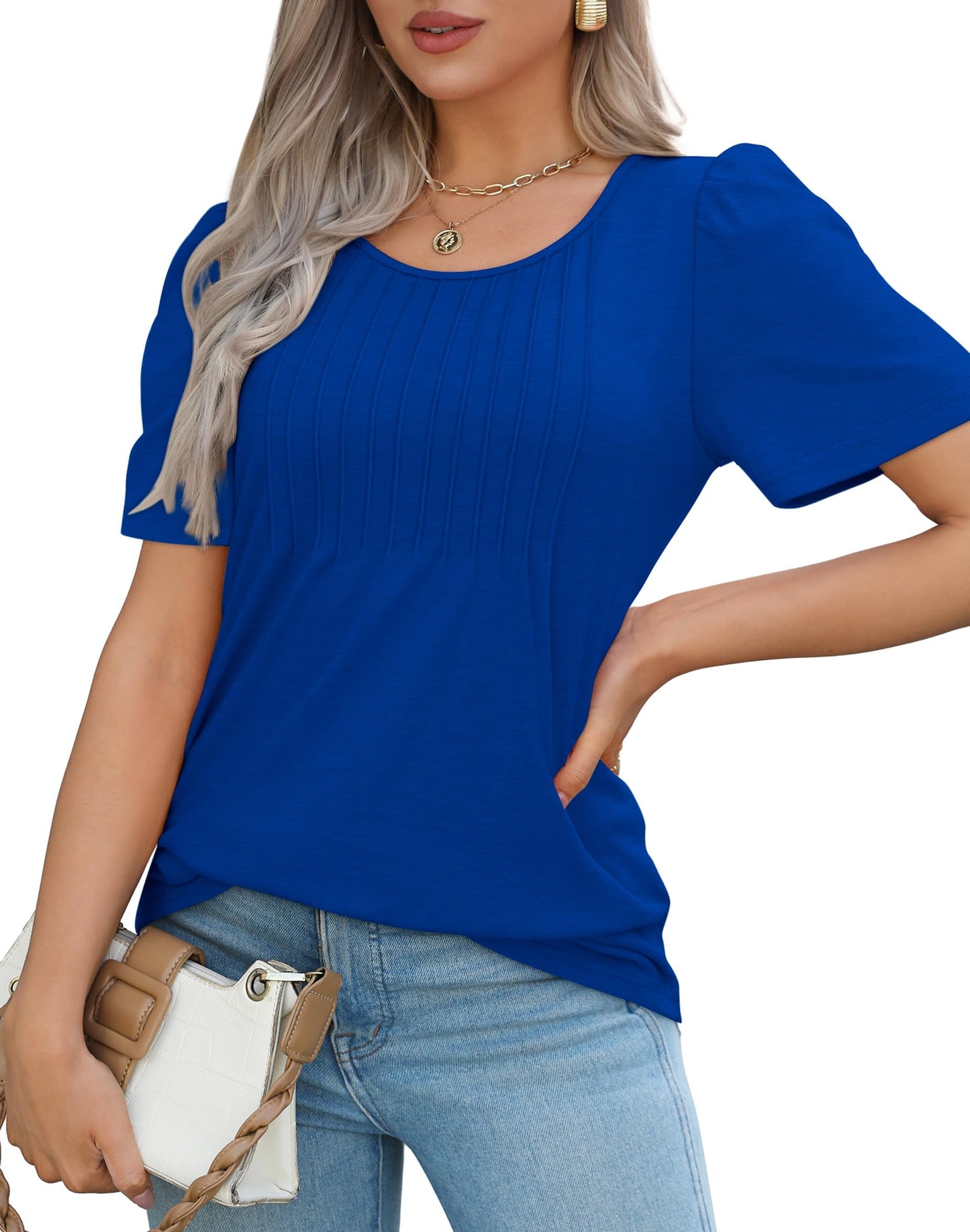 Cuptacc Tshirt Damen Rundhals Mit Falten Locker Puffärmel T-Shirt Elegant Kurzarm Geblümt/Einfarbig Top Damen